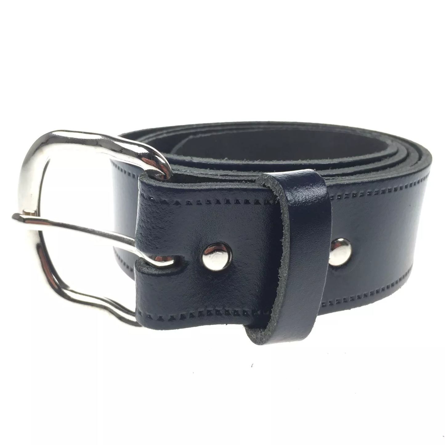 1.5" (38mm) Navy Leather Belt Curved Silver Buckle