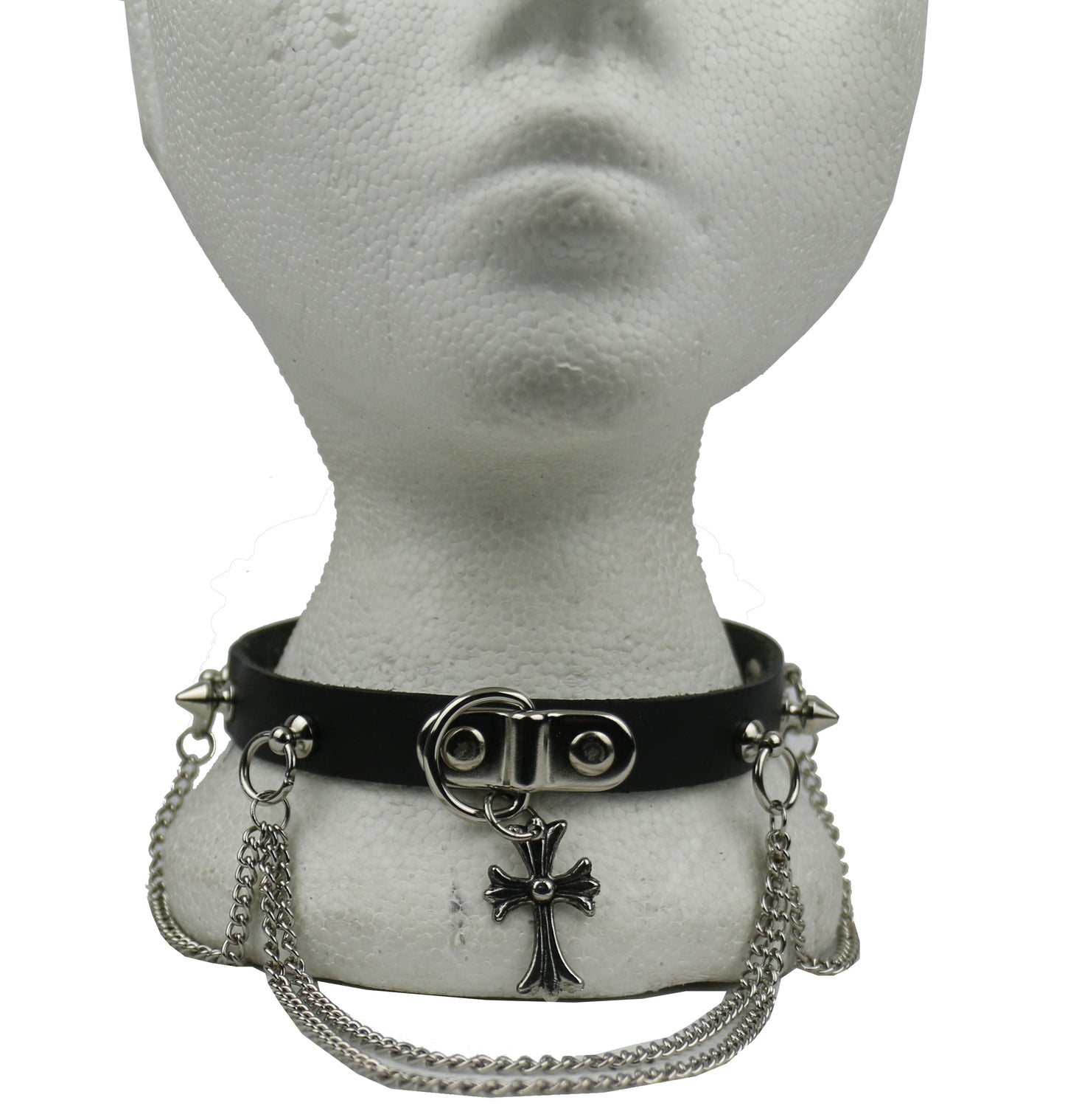NB289 1 Row Handle Plate with Cross, Spikes, Small Hanging Rings and Thin Chain Design Leather Choker
