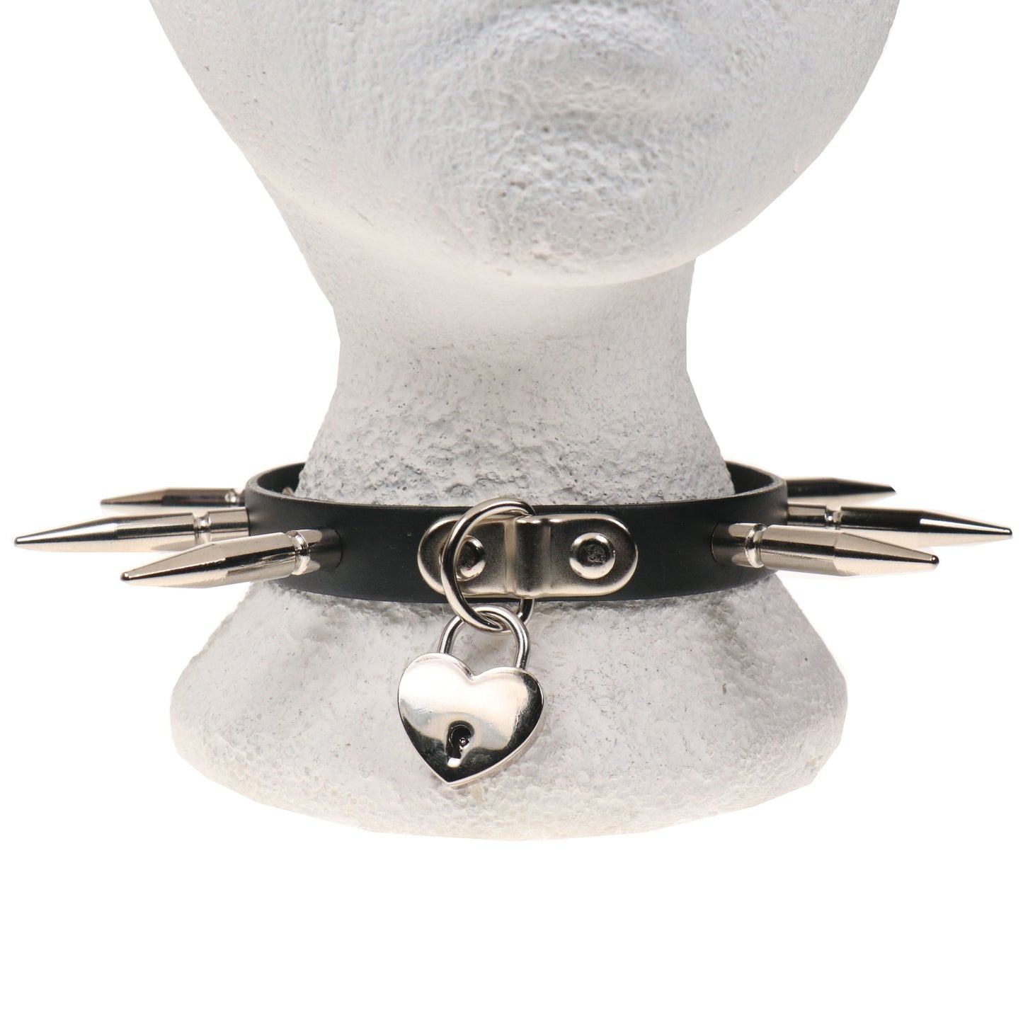 NB324 1 ROW LARGE SPIKE AND SMALL HEARTPADLOCK Leather Choker