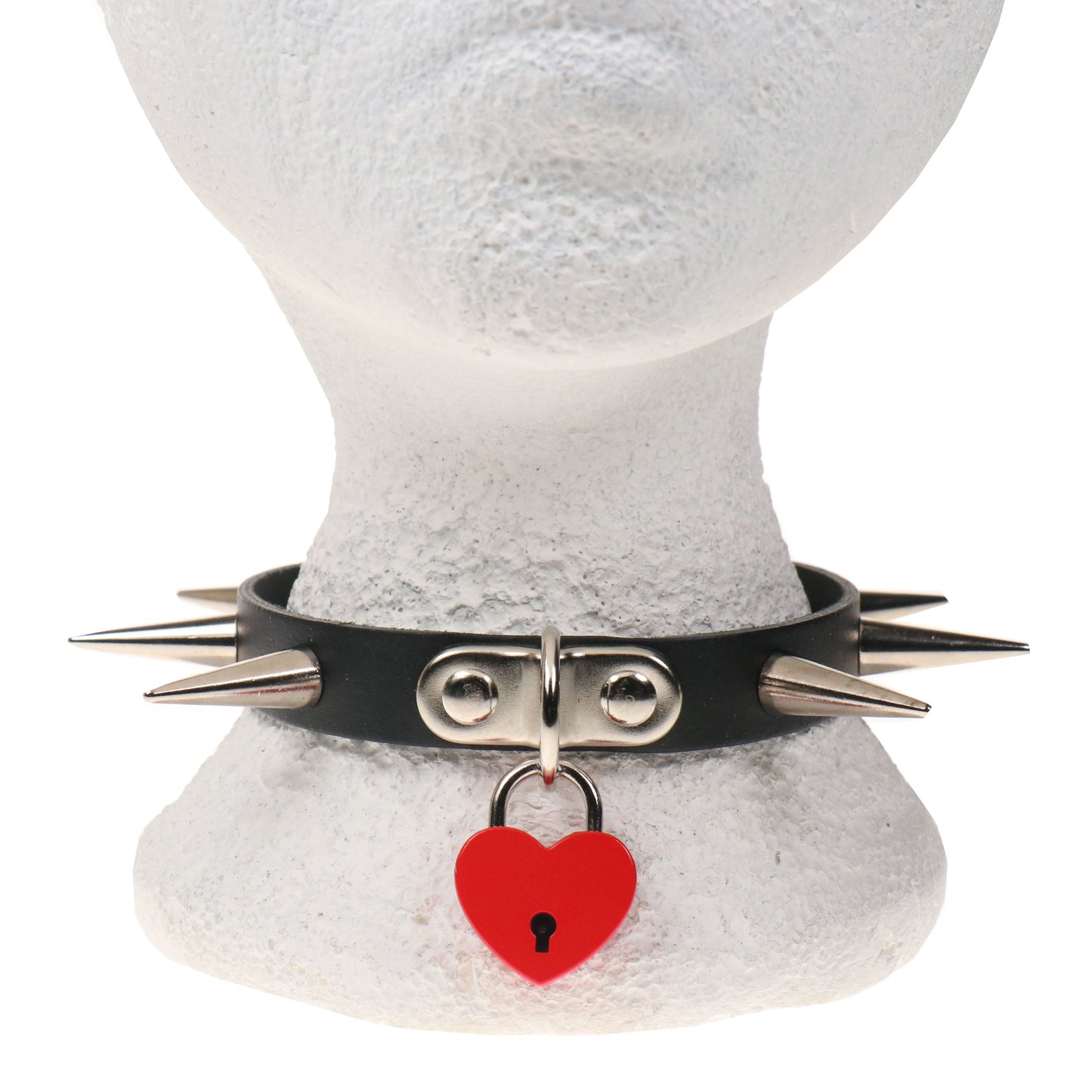 NB326B 1 ROW MEDIUM CONE SPIKE AND SMALL RED HEART PADLOCK Leather Choker