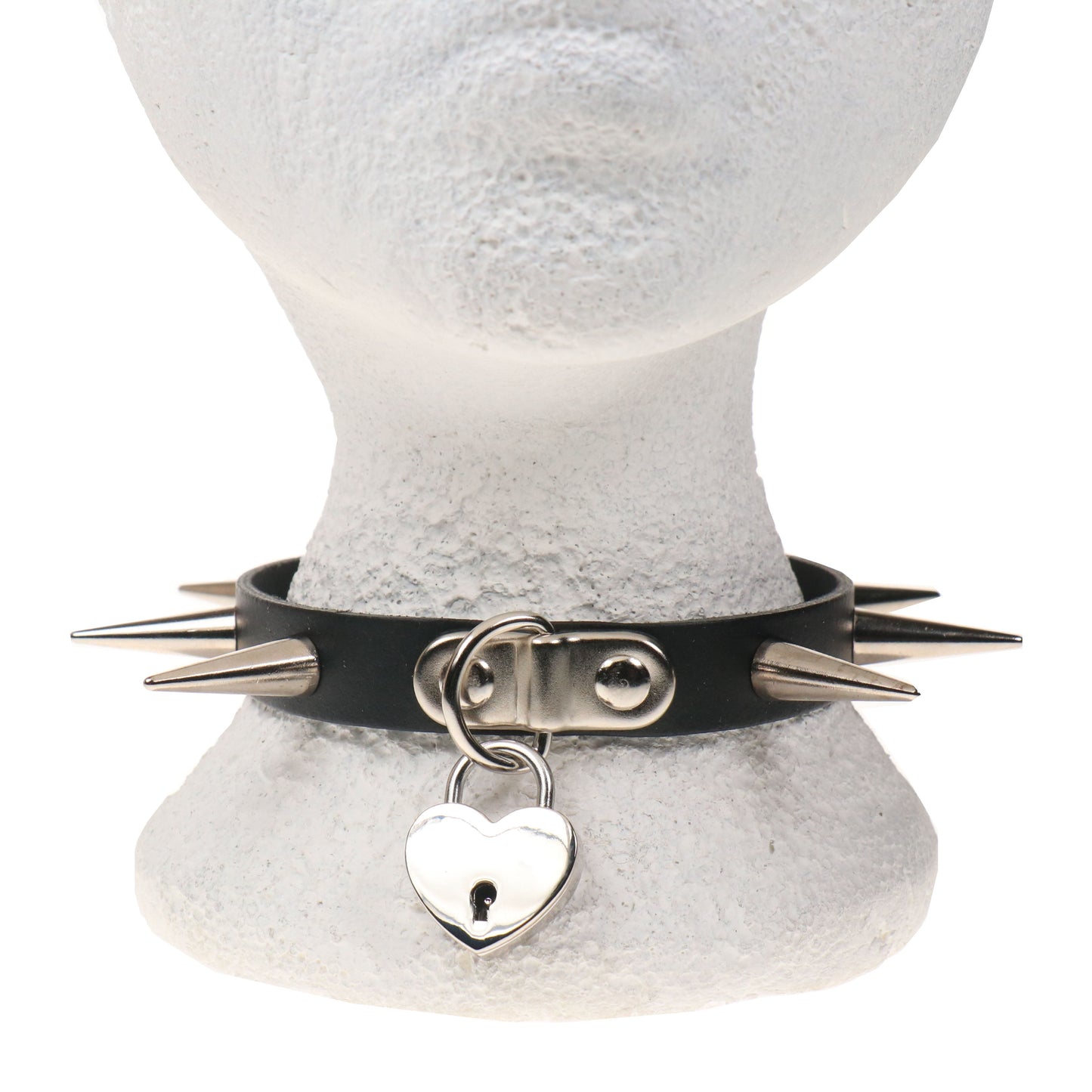 NB326 1 ROW MEDIUM CONE SPIKE AND SMALL HEART PADLOCK Leather Choker