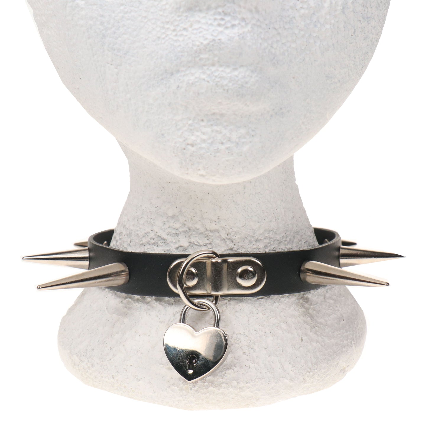 NB327 1 ROW SMALL, MEDIUM AND LARGE CONE SPIKE AND SMALL HEART PADLOCK Leather Choker