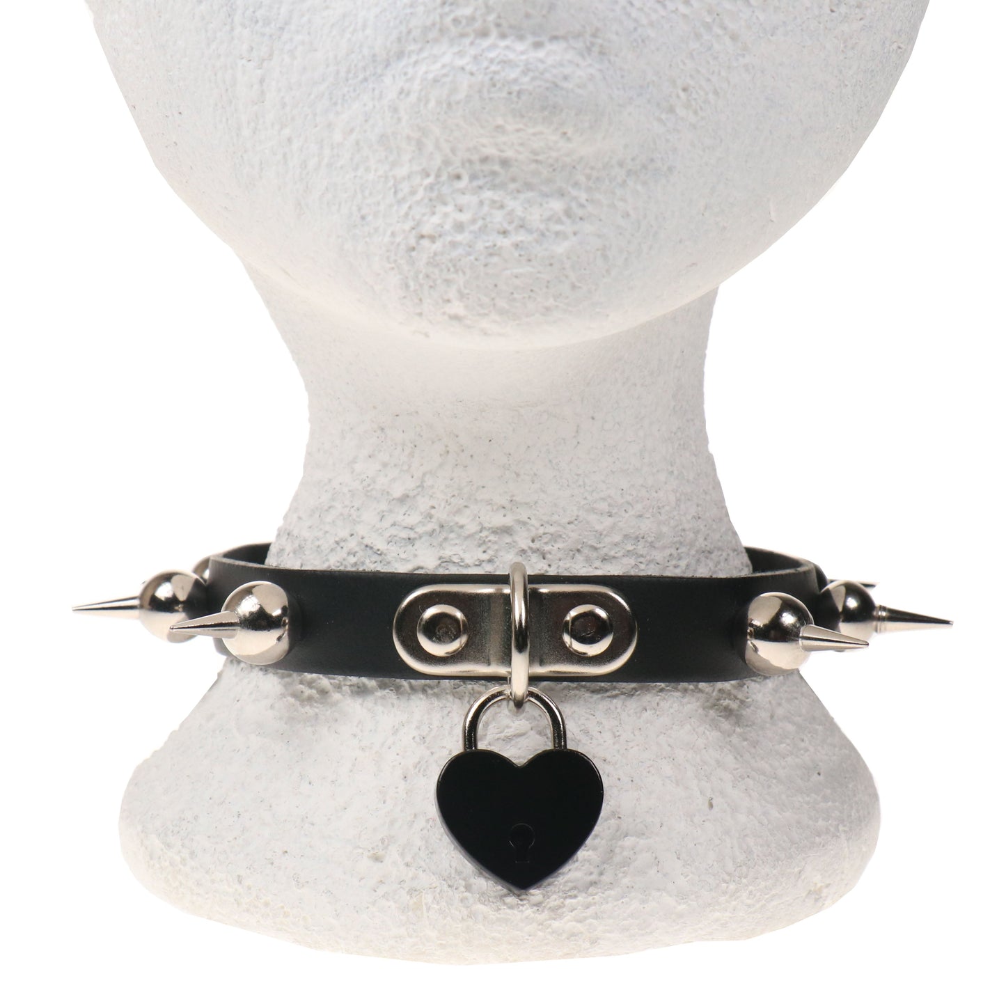 NB328A 1 ROW BALL SPIKE WITH SMALL BLACK HEART PADLOCK Leather Choker
