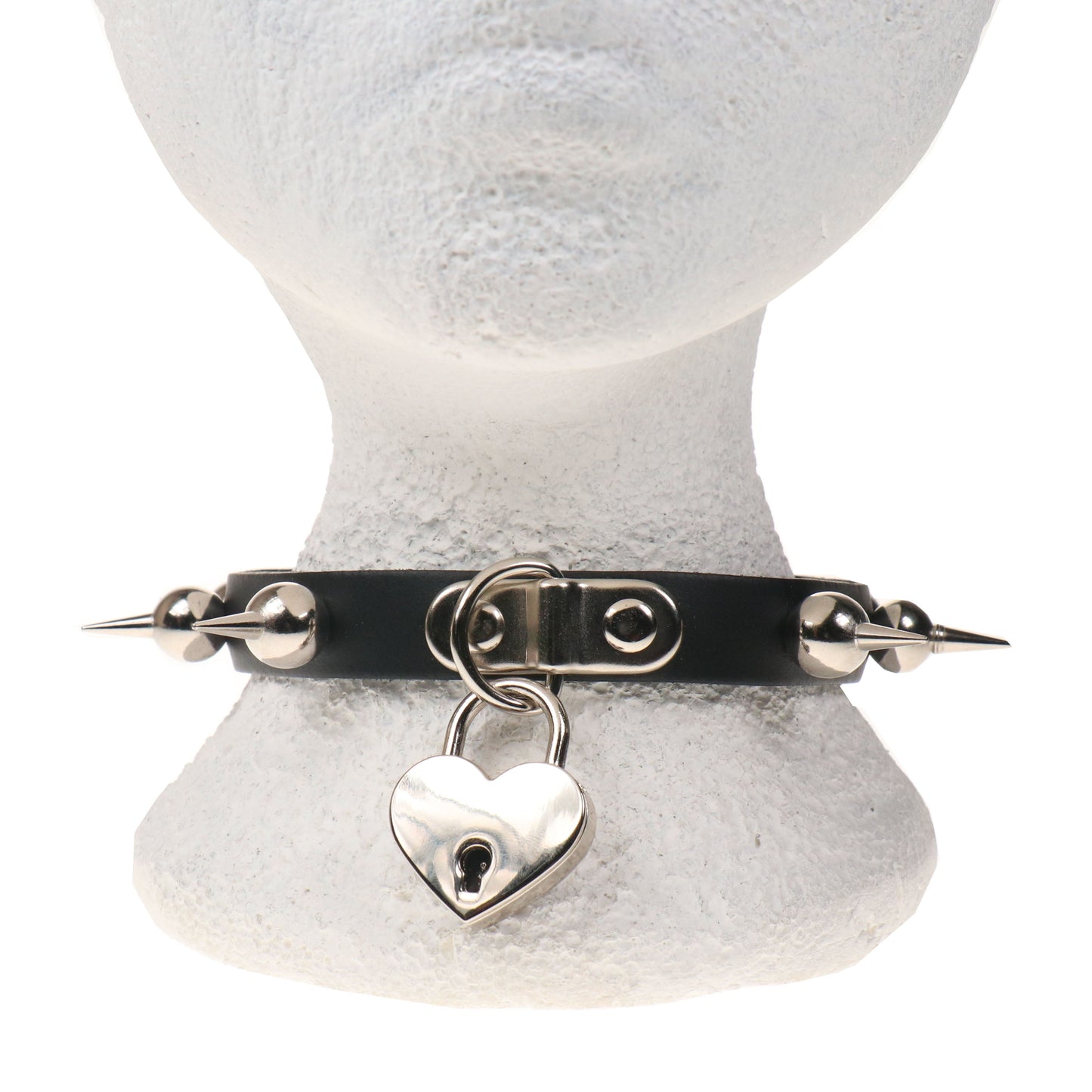 NB328C 1 ROW BALL SPIKE WITH BIG HEART PADLOCK Leather Choker