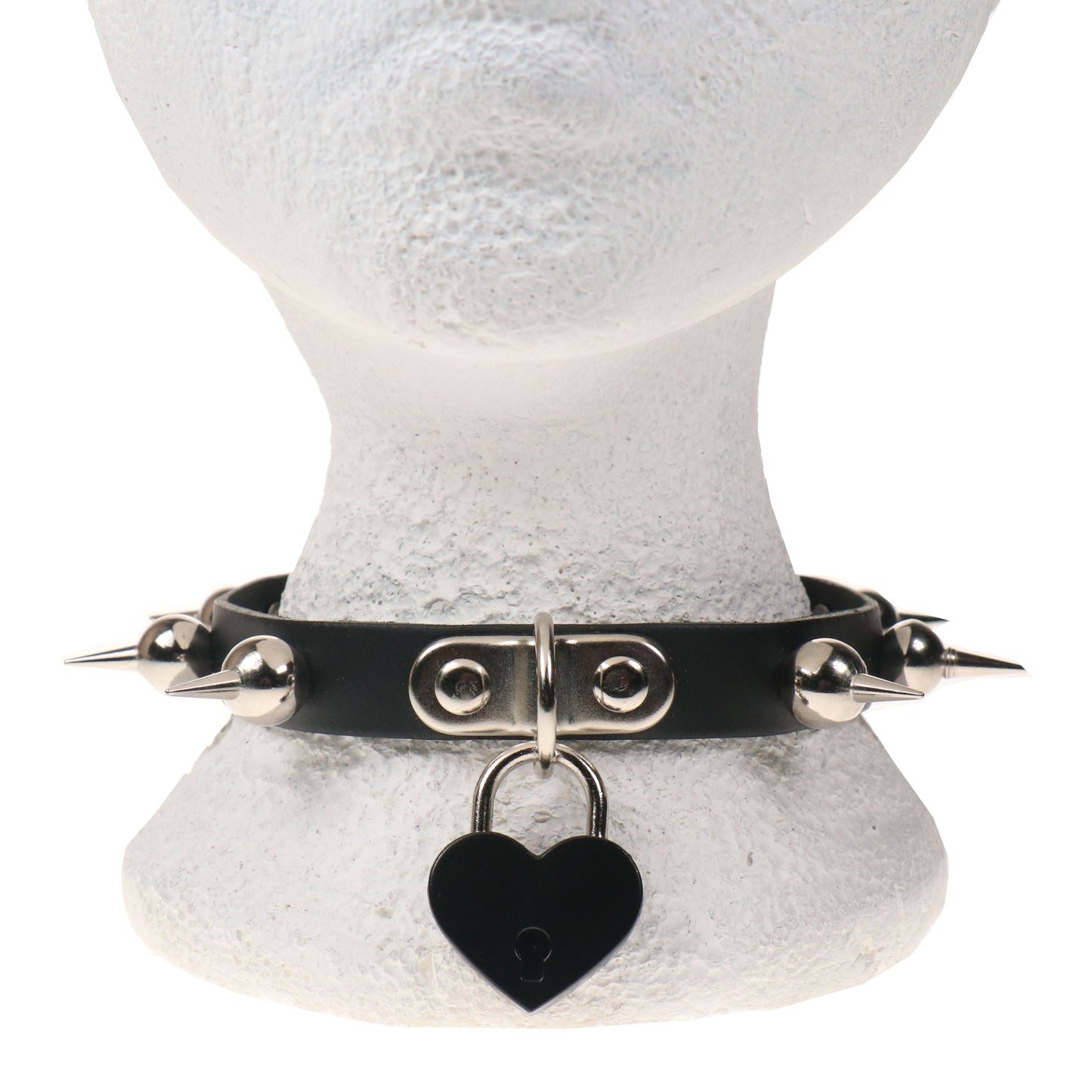 NB328D 1 ROW BALL SPIKE WITH BIG BLACK HEART PADLOCK Leather Choker