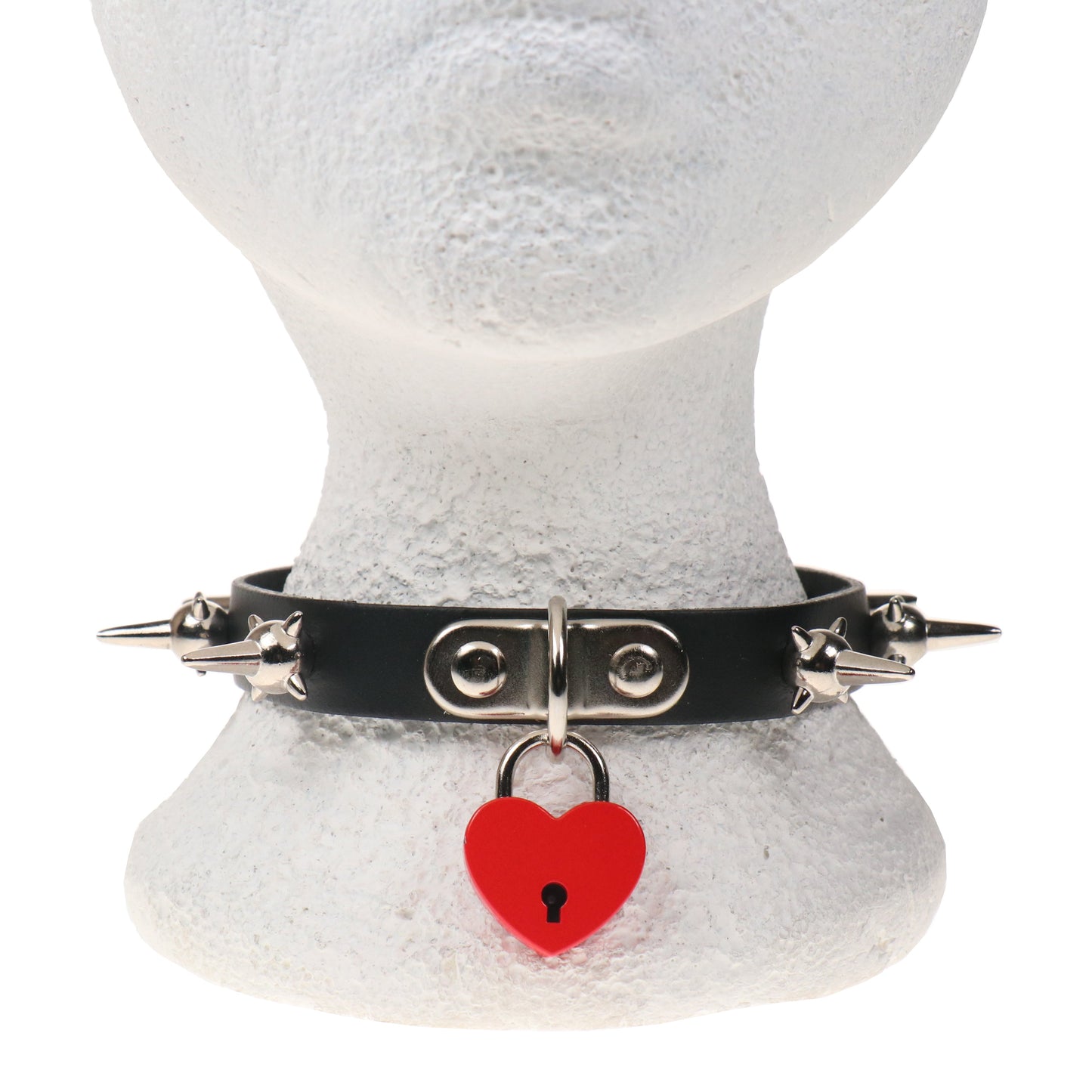 NB329B 1 ROW MINE SPIKE WITH SMALL RED HEART PADLOCK Leather Choker