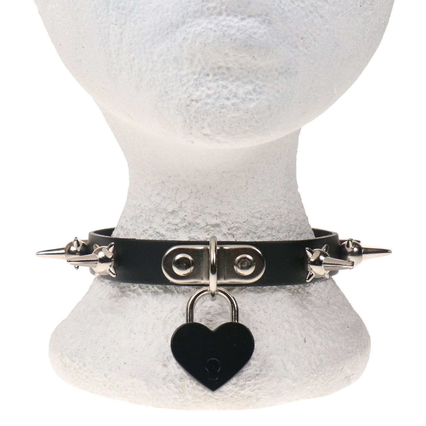 NB329D 1 ROW MINE SPIKE WITH BIG BLACK HEART PADLOCK Leather Choker