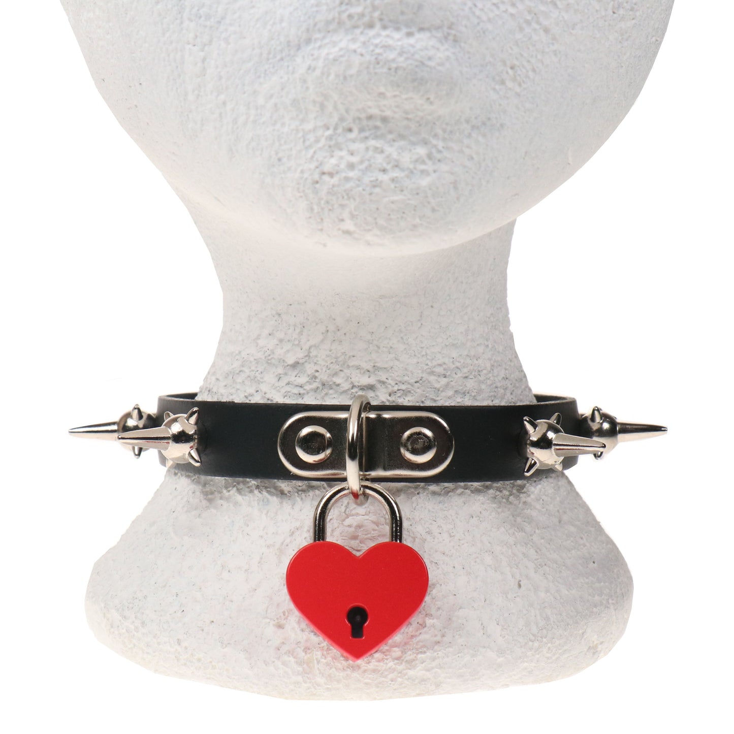 NB329E 1 ROW MINE SPIKE WITH BIG RED HEART PADLOCK Leather Choker