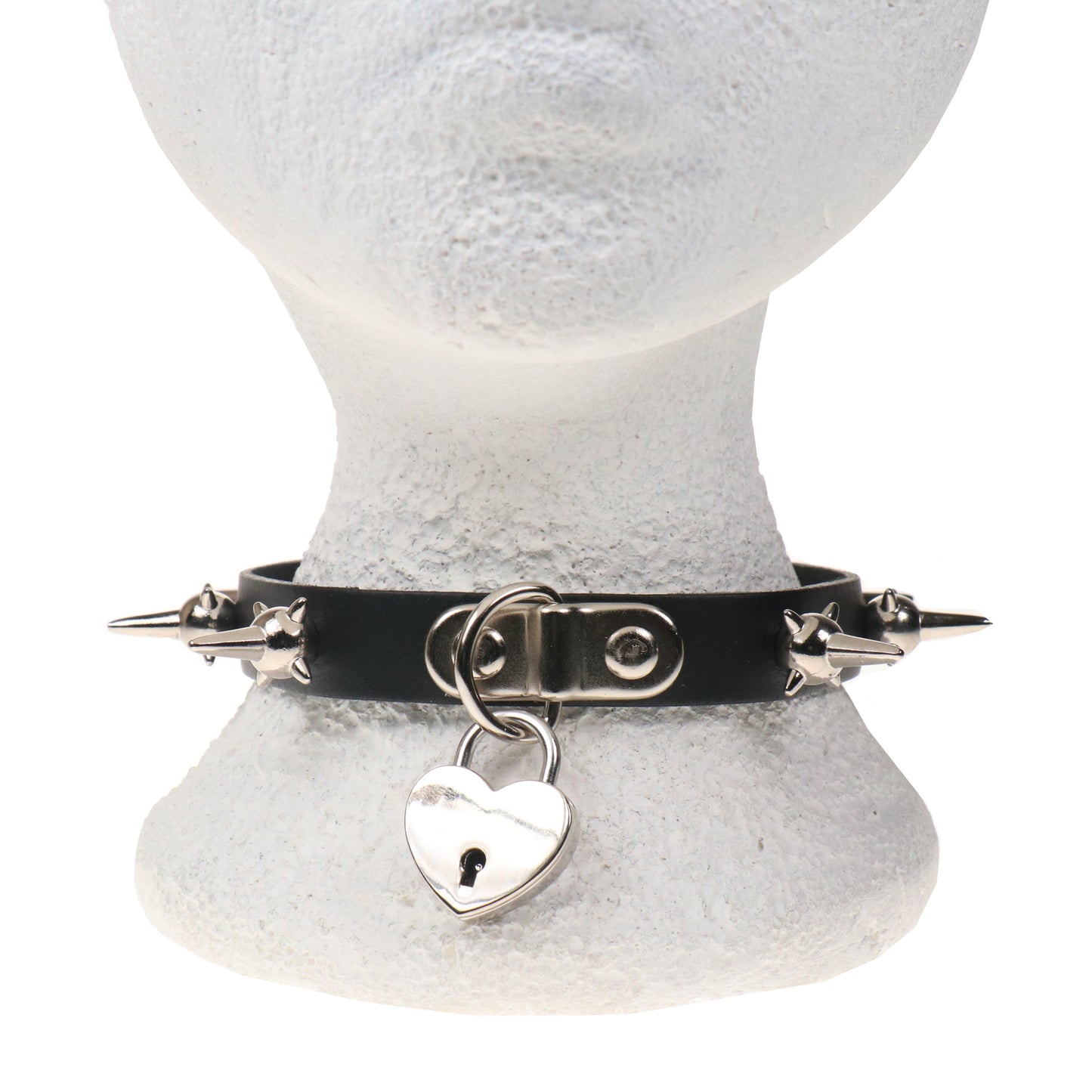 NB329 1 ROW MINE SPIKE WITH SMALL HEART PADLOCK Leather Choker