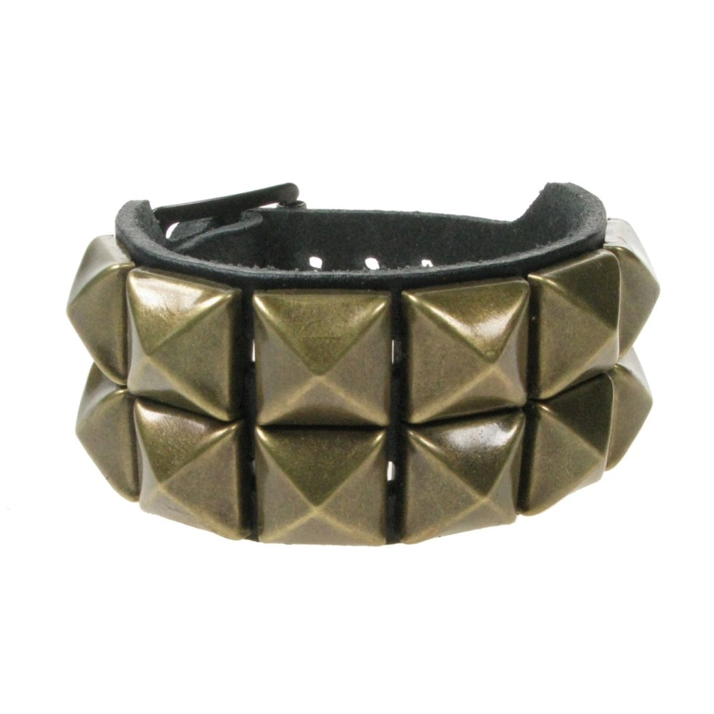 WB009D 2 ROW GOLD PYRAMID LEATHER WRISTBAND - BLACK