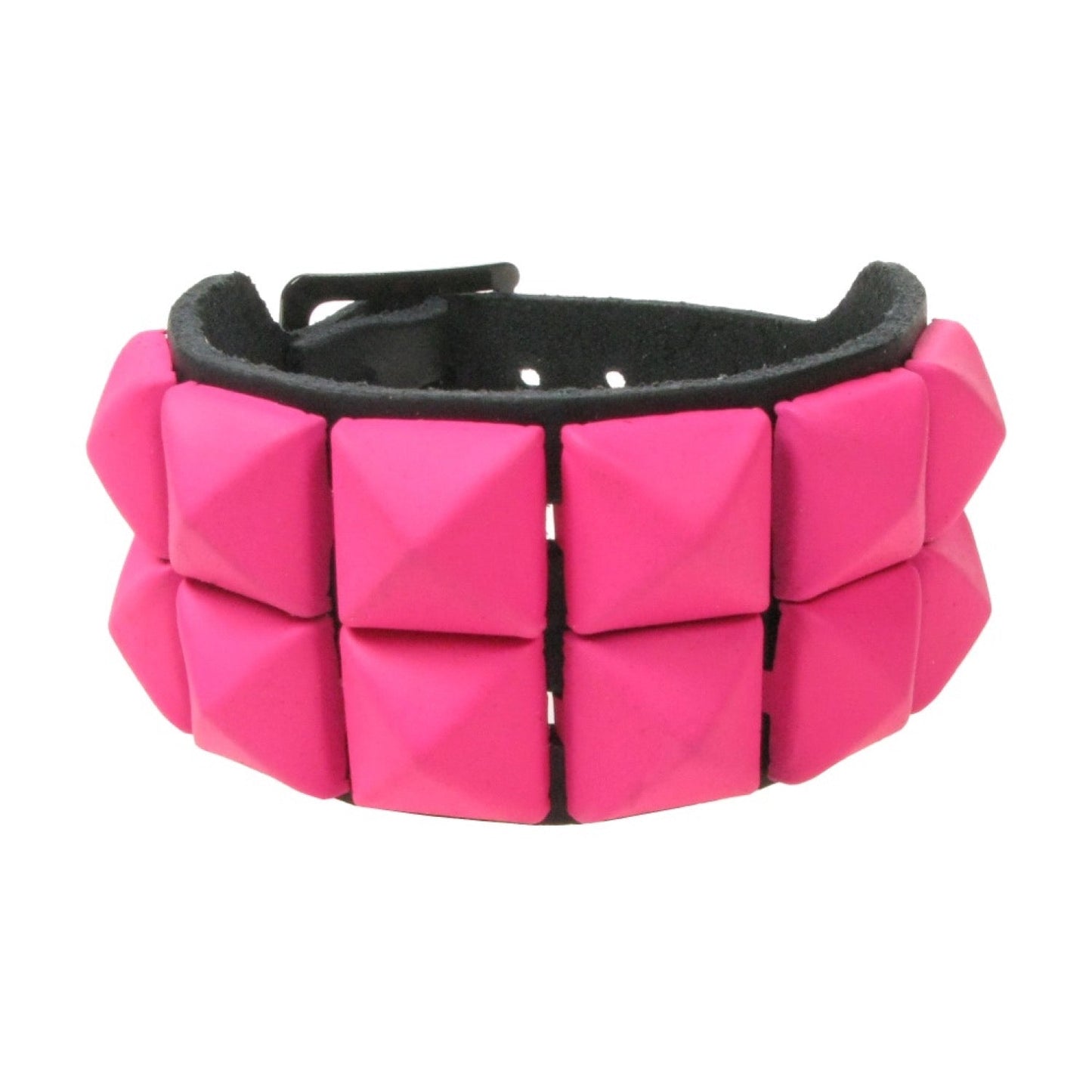 WB009O 2 ROW RUBBER PINK PYRAMID LEATHER WRISTBAND - BLACK