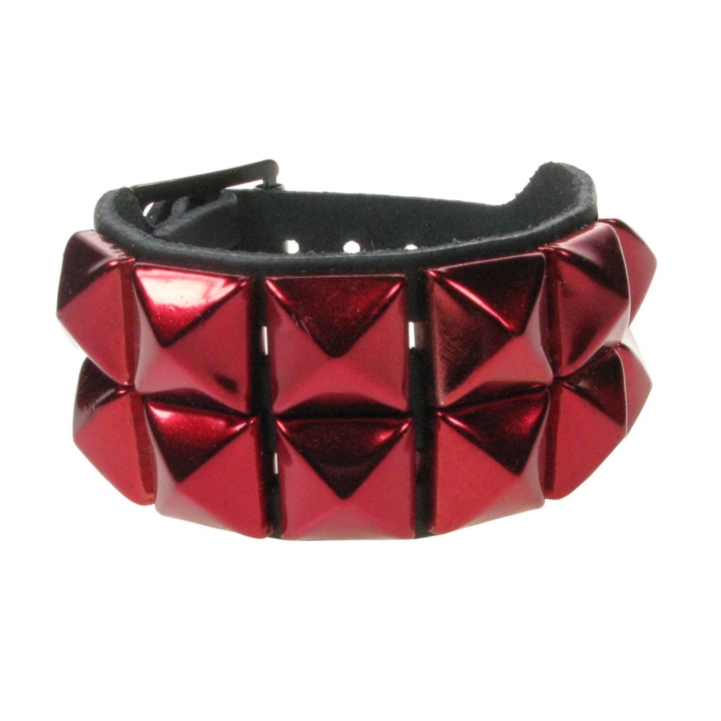 WB009R 2 ROW METALLIC RED PYRAMID LEATHER WRISTBAND - BLACK