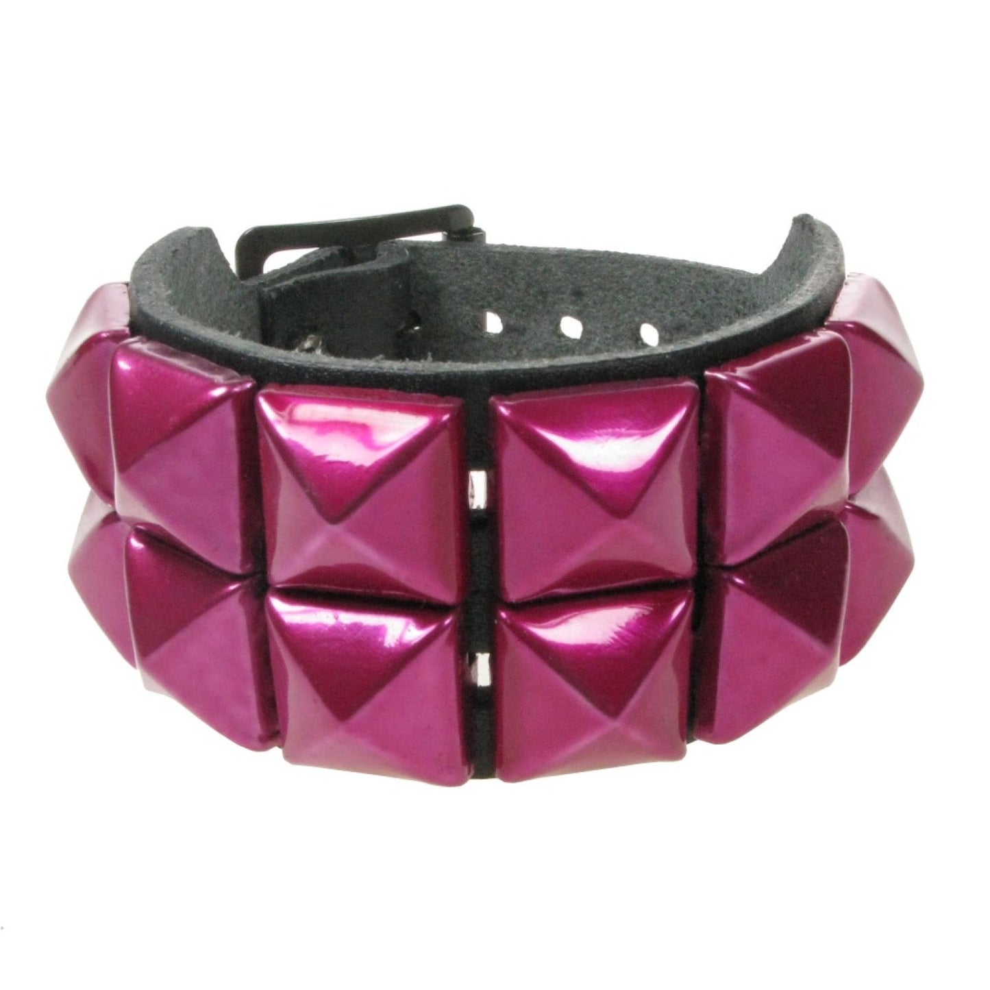 WB009V 2 ROW METALLIC MAUVE PYRAMID LEATHER WRISTBAND - BLACK
