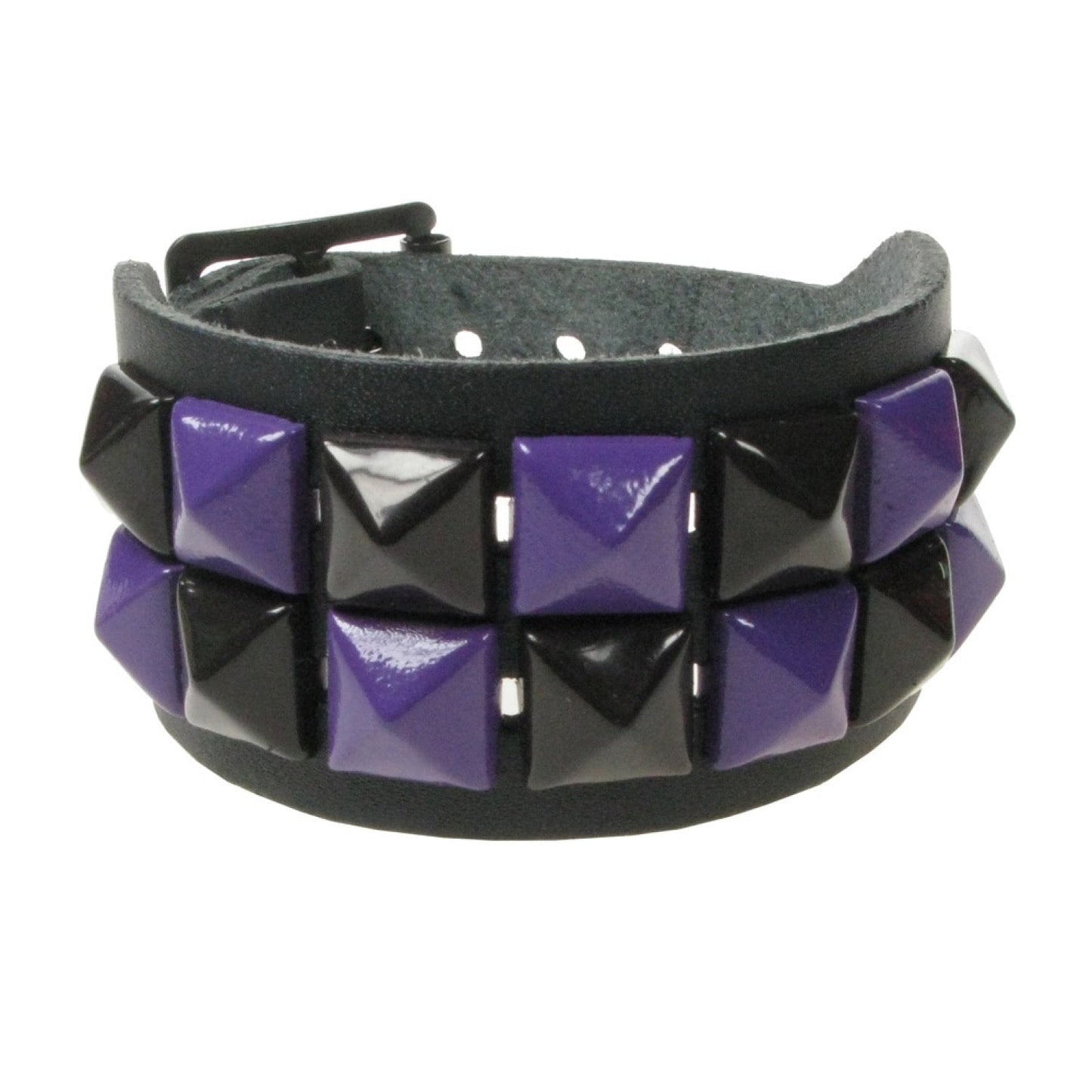WB086D 2 ROW SMALL PURPLE AND BLACK PYRAMID LEATHER WRISTBAND - BLACK