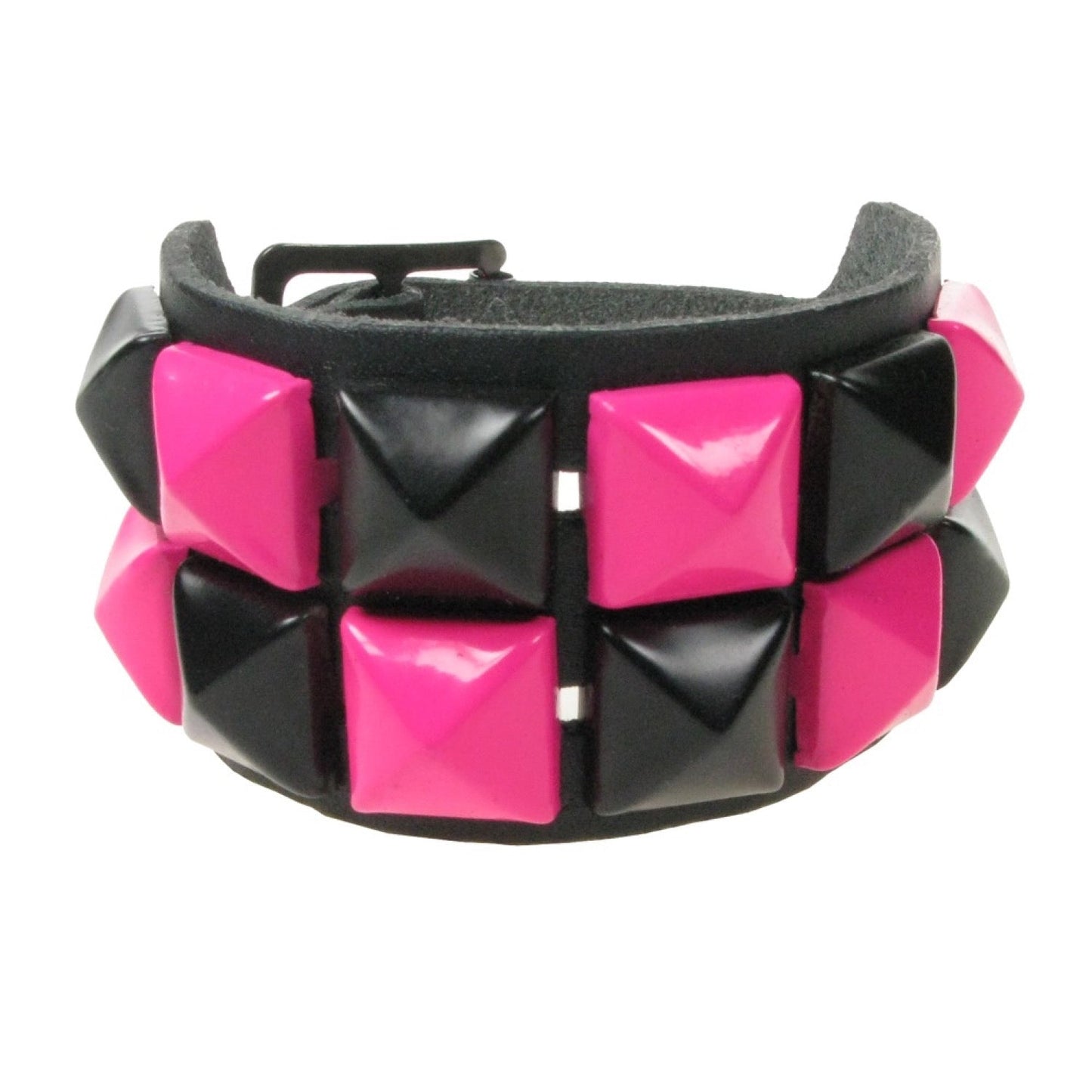 WB094C 2 ROW PINK AND BLACK PYRAMID LEATHER WRISTBAND - BLACK