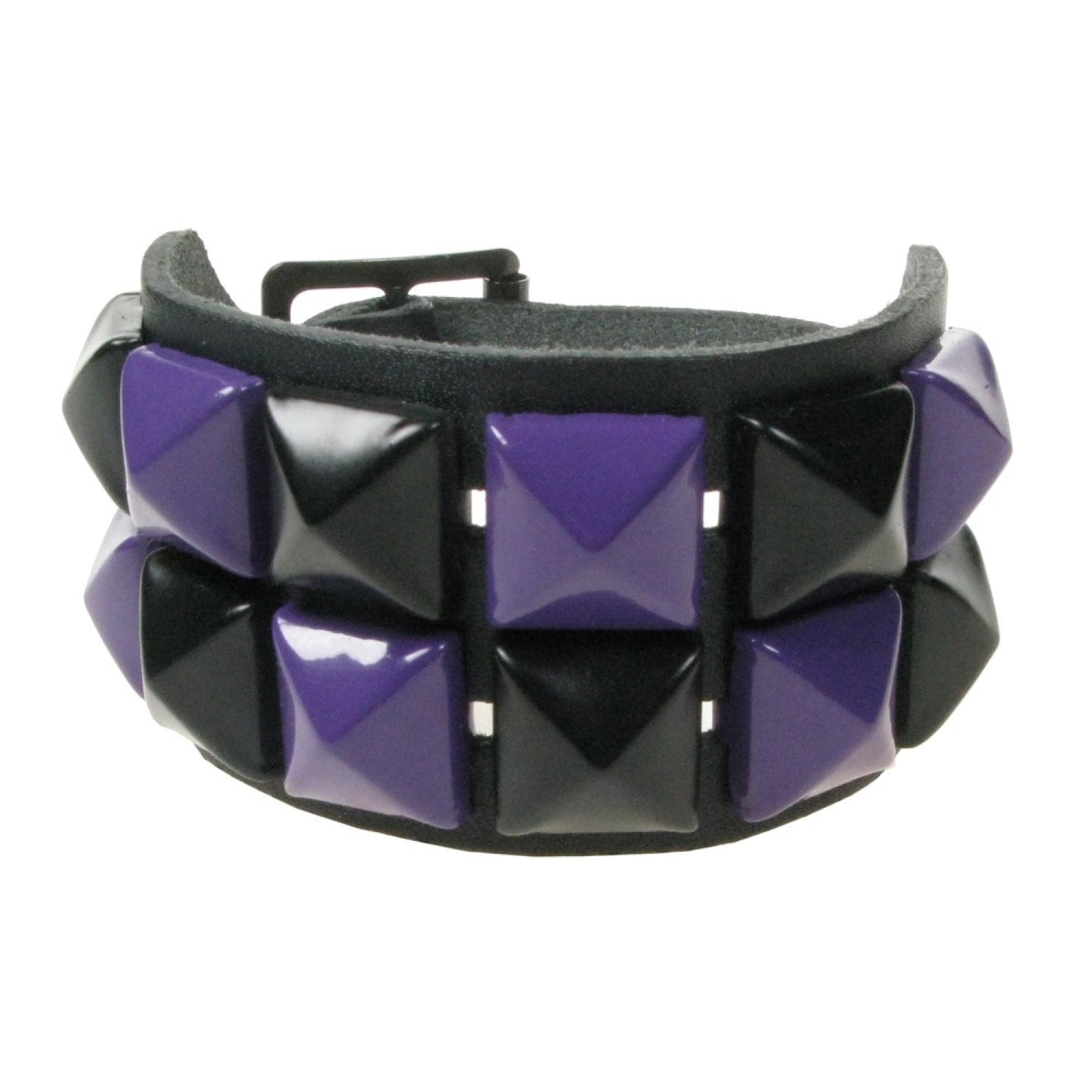 WB094D 2 ROW PURPLE AND BLACK PYRAMID LEATHER WRISTBAND - BLACK