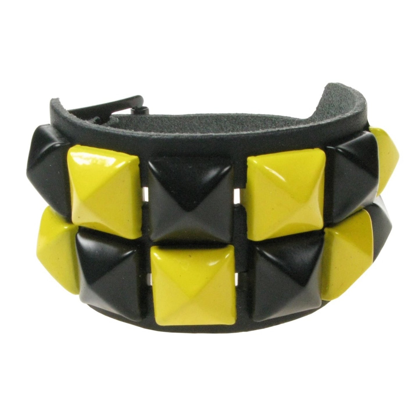 WB094E 2 ROW YELLOW AND BLACK PYRAMID LEATHER WRISTBAND - BLACK