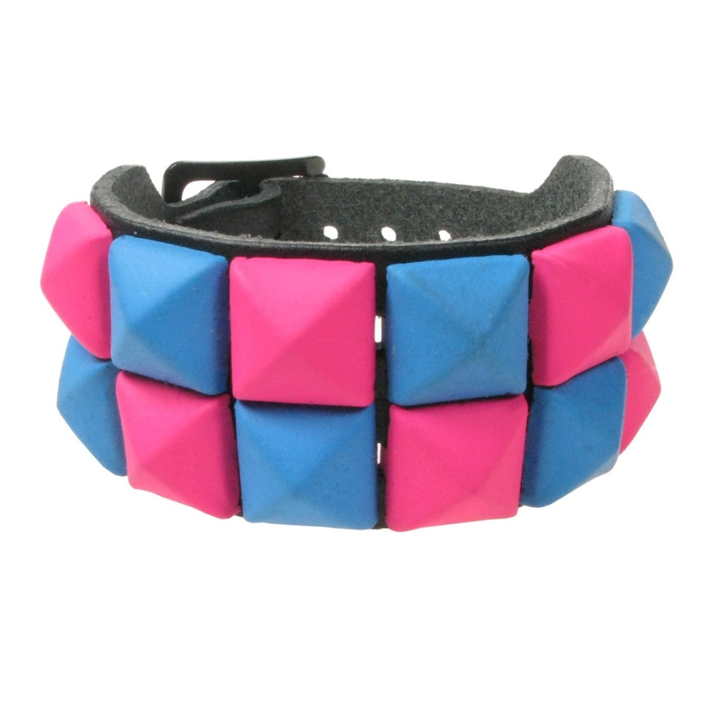WB094H 2 ROW RUBBER BLUE AND PINK PYRAMID LEATHER WRISTBAND - BLACK