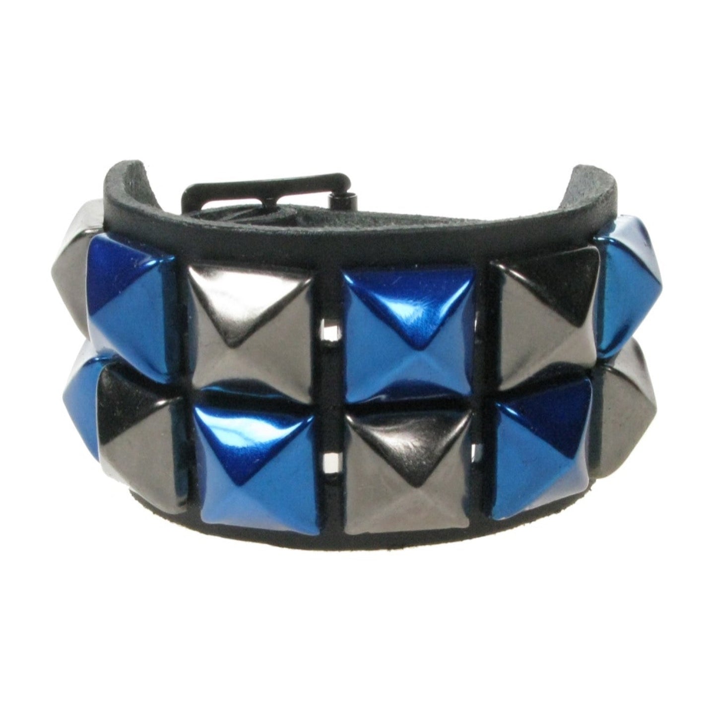 WB094J 2 ROW METALLIC BLACK AND BLUE PYRAMID LEATHER WRISTBAND - BLACK