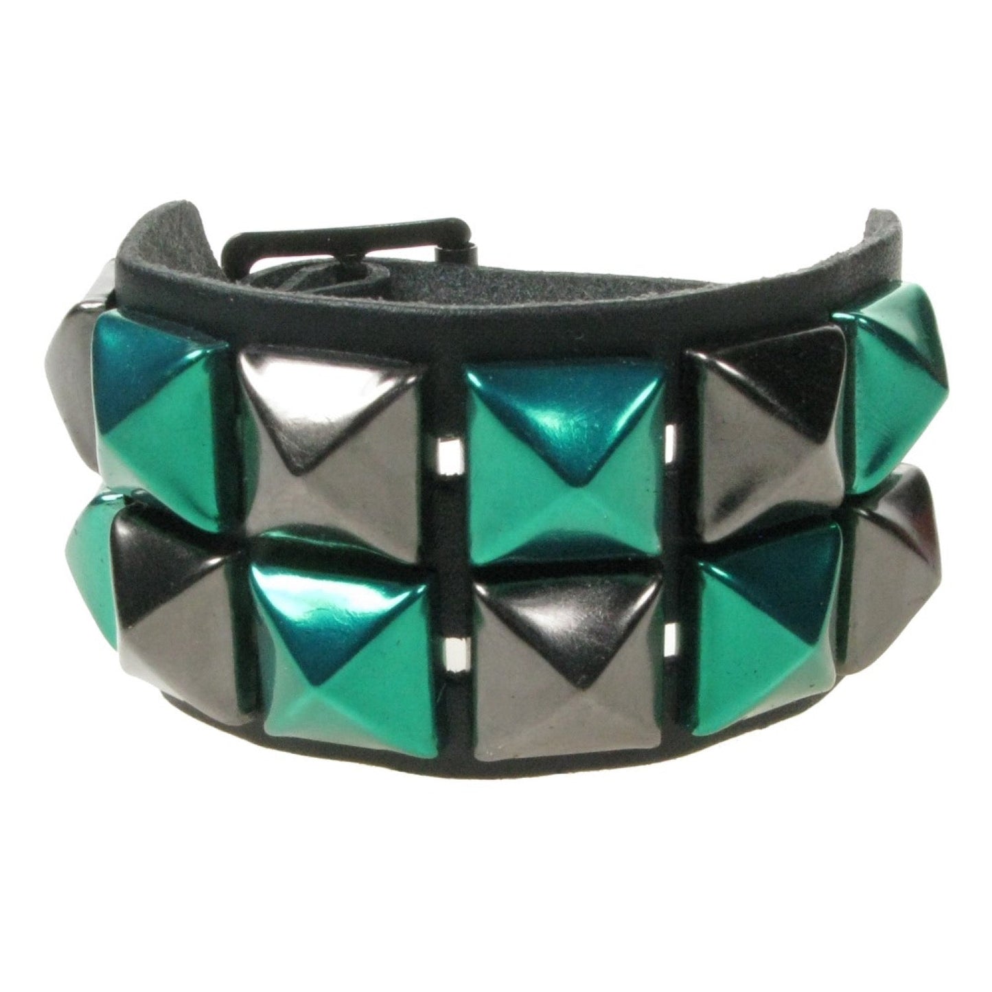 WB094L 2 ROW METALLIC BLACK AND GREEN PYRAMID LEATHER WRISTBAND - BLACK