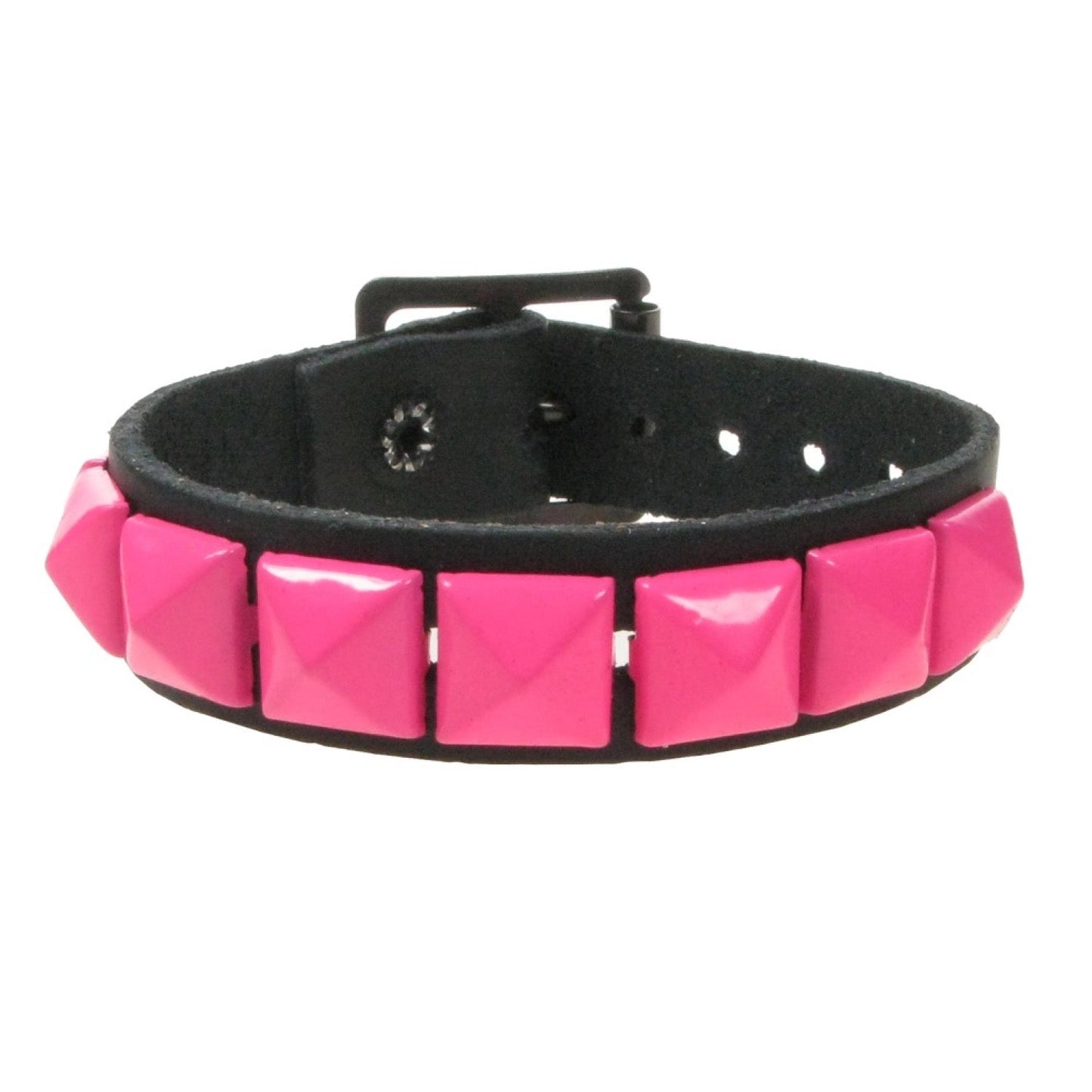 WB101G 1 ROW SMALL PINK PYRAMID LEATHER WRISTBAND - BLACK