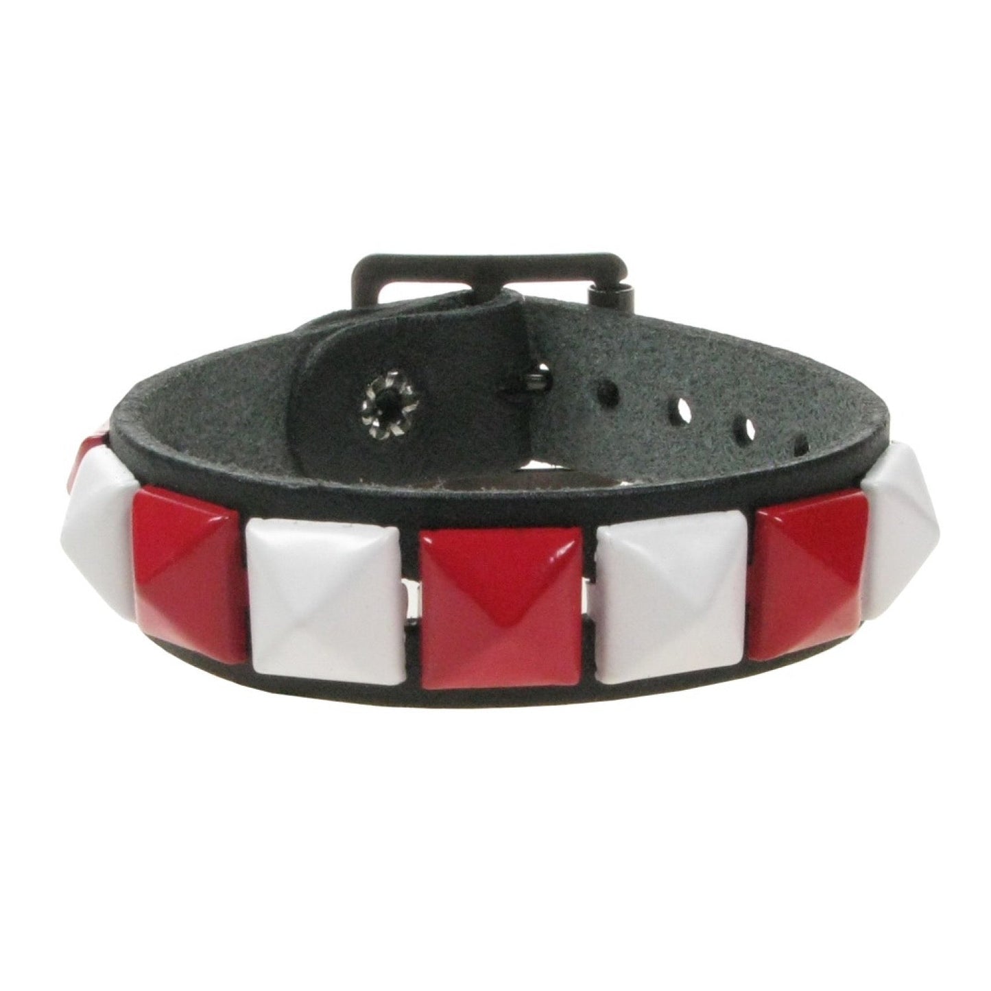 WB101I 1 ROW SMALL WHITE AND RED PYRAMID LEATHER WRISTBAND - BLACK