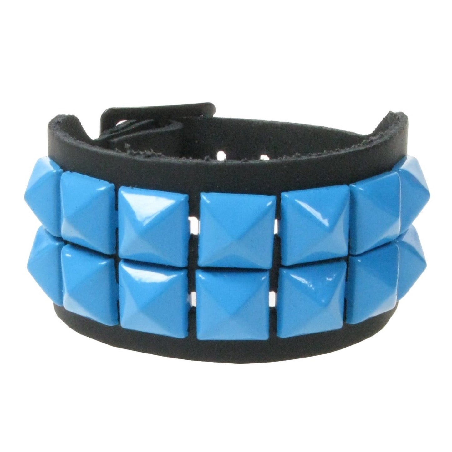 WB102h 2 Row Small Pyramid Blue Wristband - Black Leather Wristband