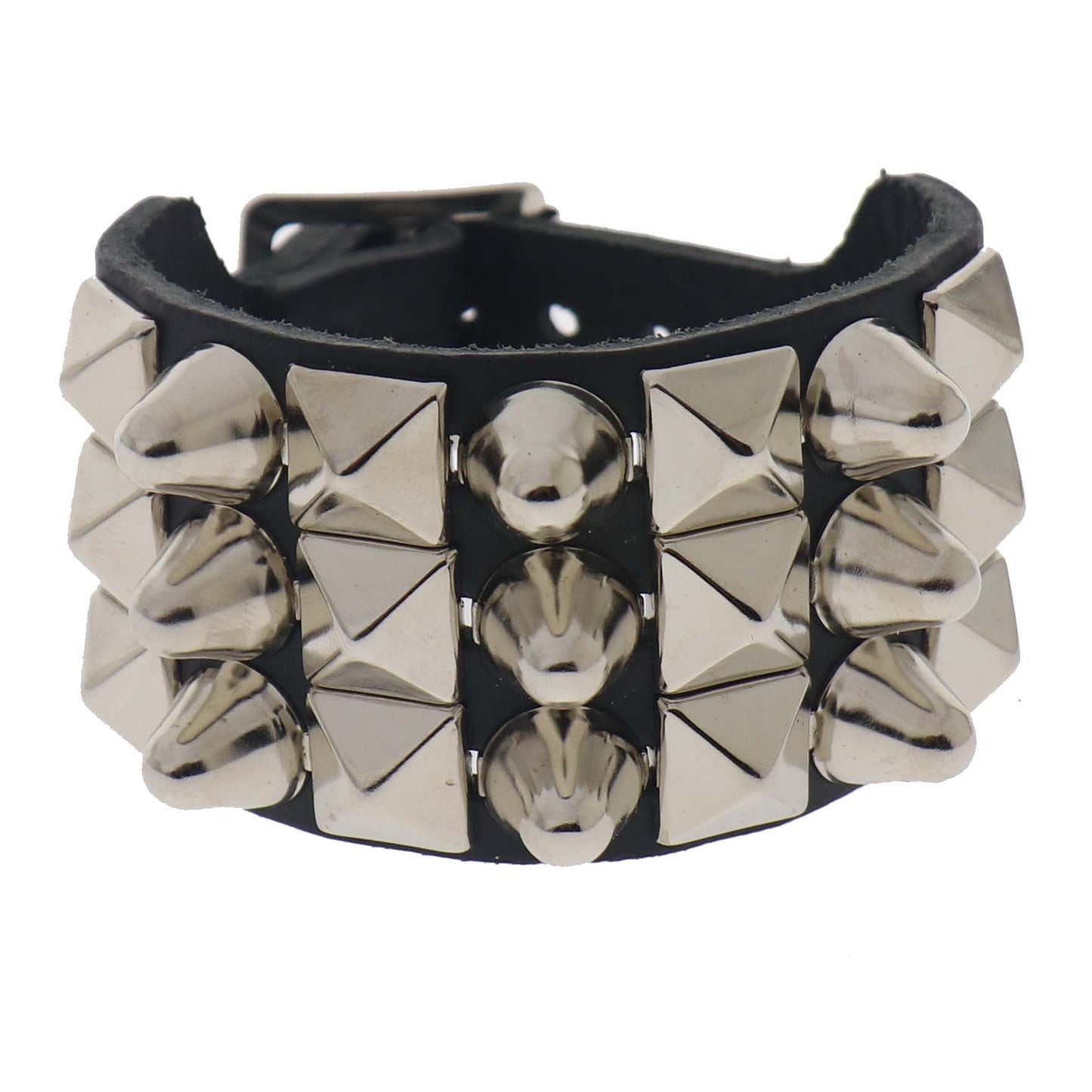 WB106b 3 Row Vertical Small Pyramid and 1 Row Large Dome Conical Leather Wristband - Black