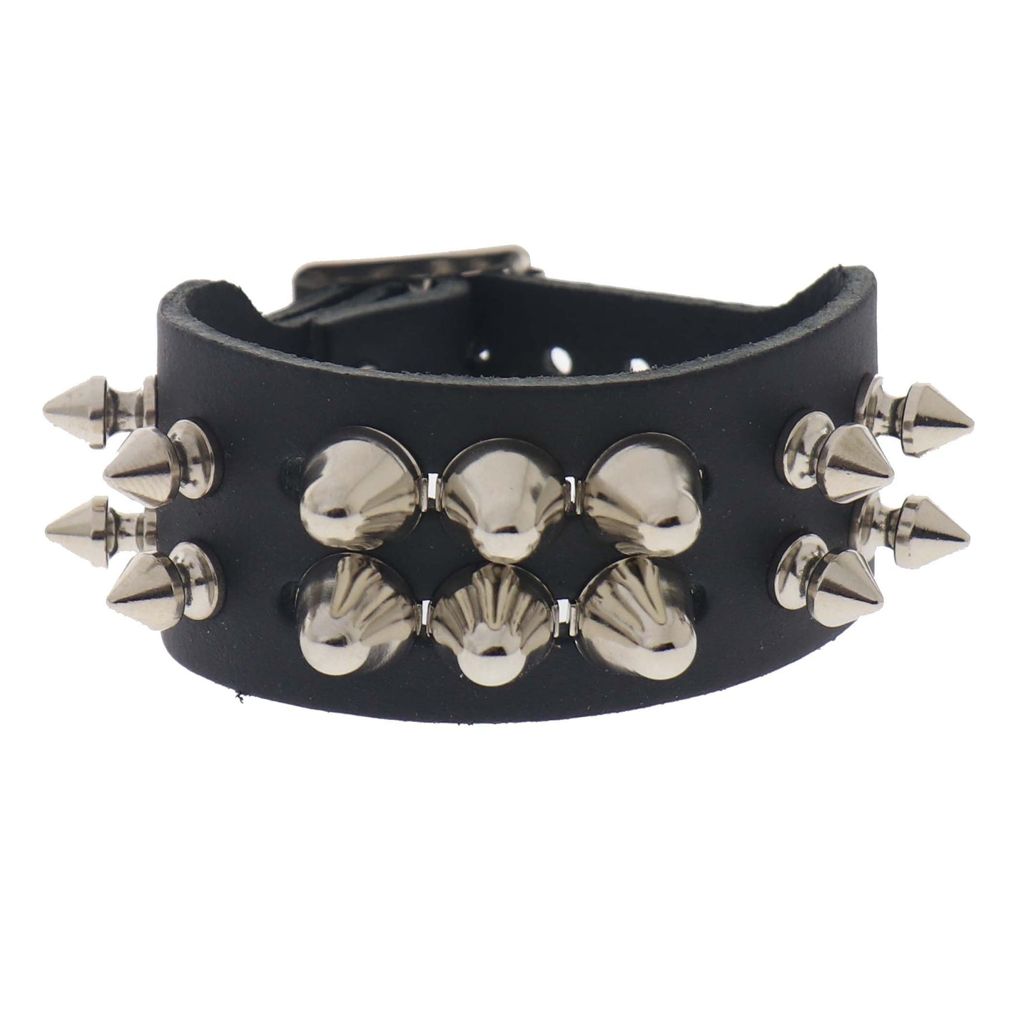 WB114c 2 Row Large Dome Conical and Spike Leather Wristband - Black