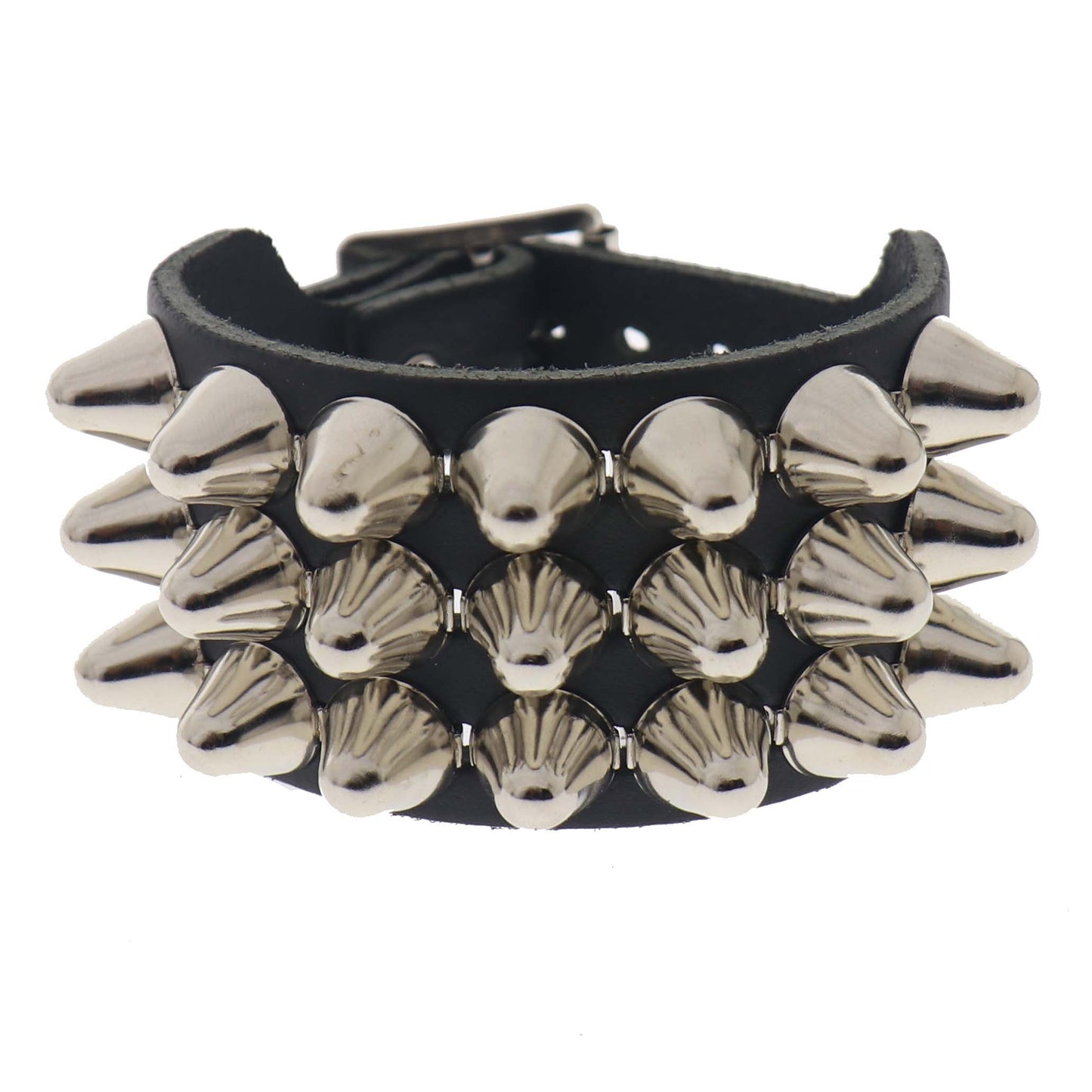 WB115a 3 Row Large Dome Conical Leather Wristband - Black