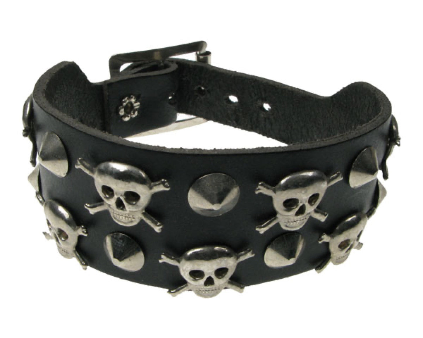WB469 2 ROW CONICAL AND SKULL & CROSSBONE Leather Wristband - Black