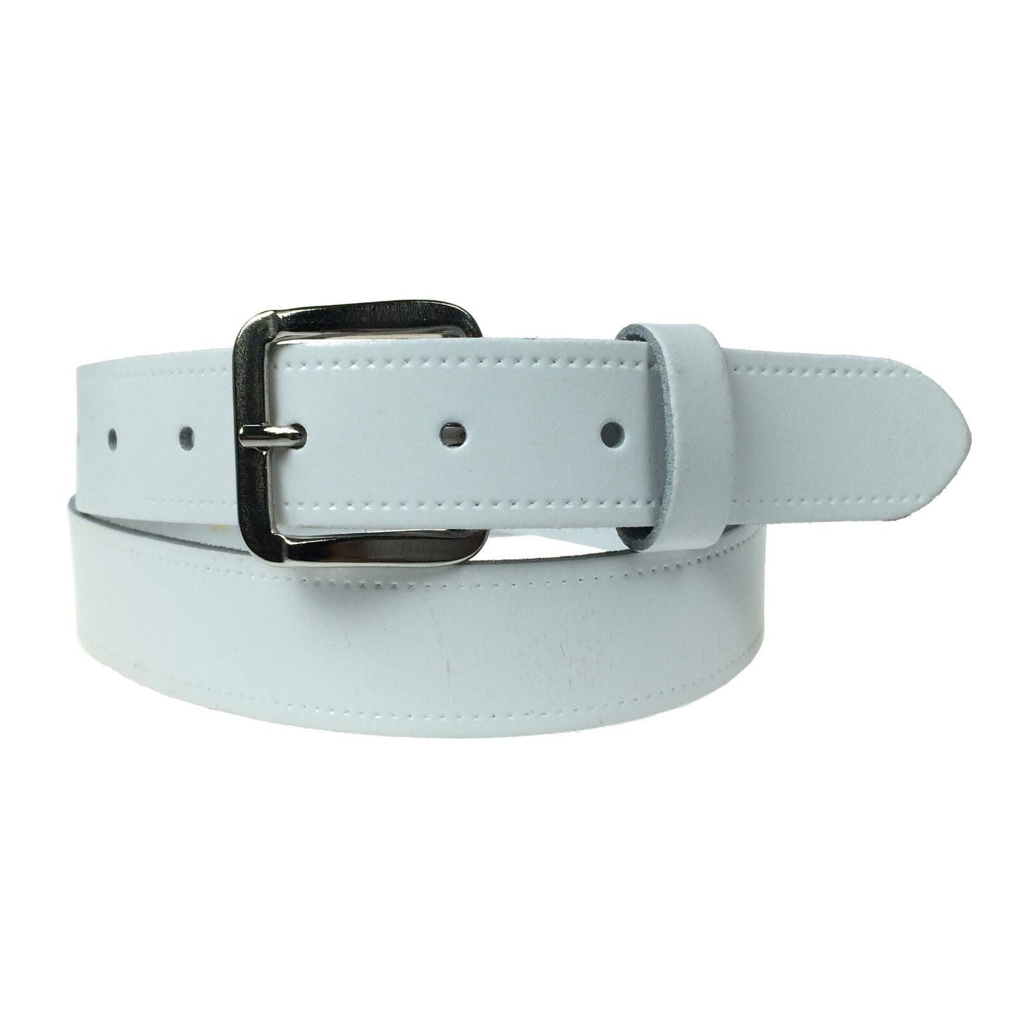 1.25" (30mm) White Leather Belt Silver Buckle