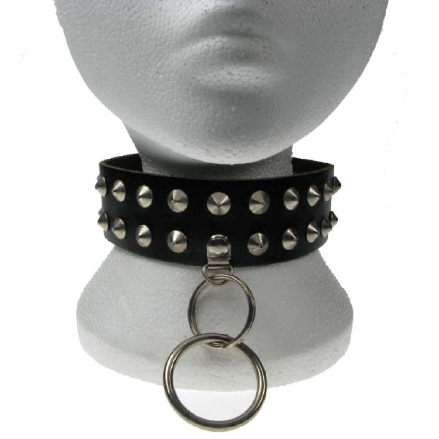 NB063 2 Row Conical and Medium Ring Leather Choker