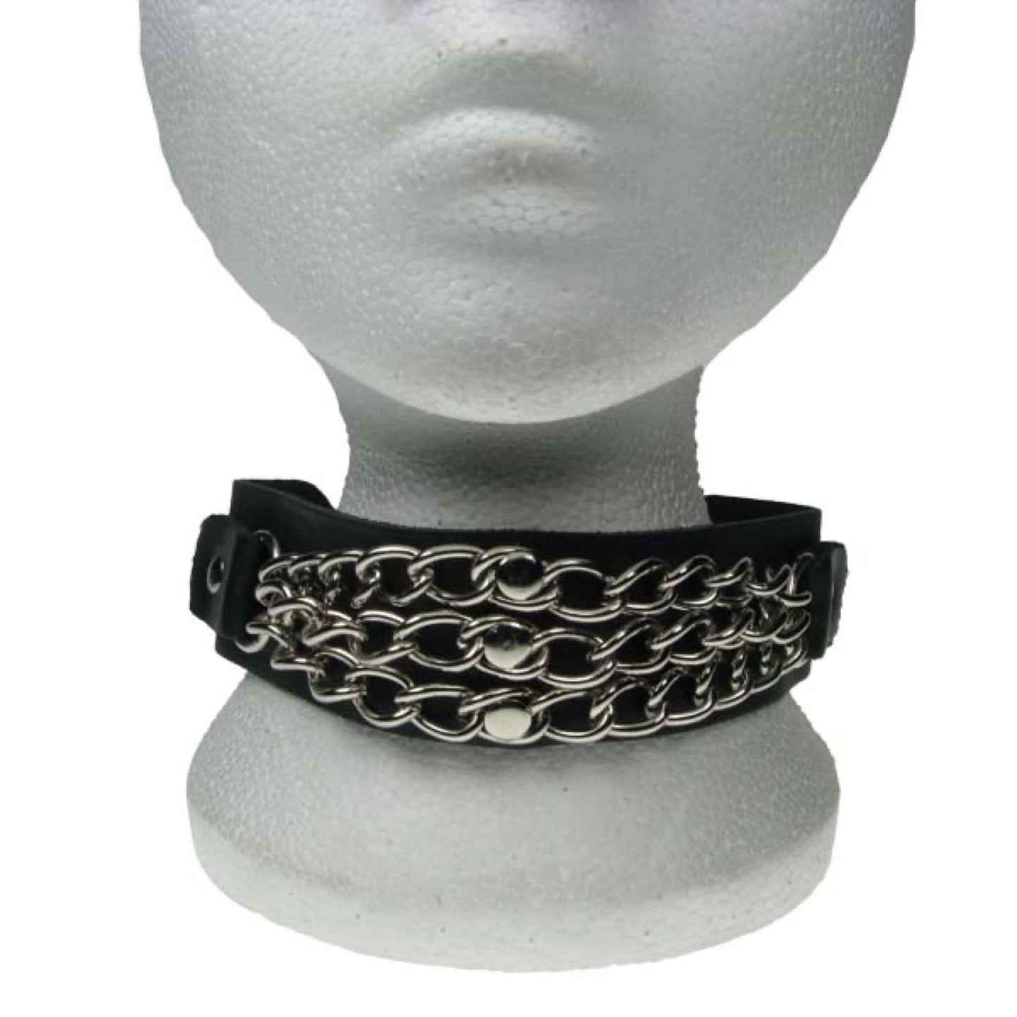 NB164 2 Row with 3 chains with rivets Leather Choker