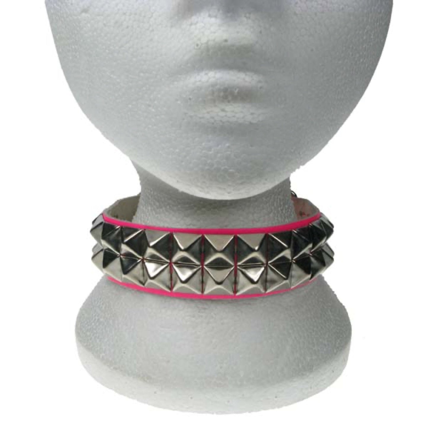NB173 2 Row Pyramid florescent pink Choker Leather Choker - F.Pink