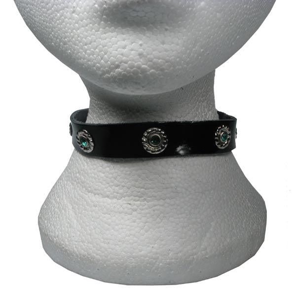 NB182 Green Jewel Fittings 1 Row Leather Leather Choker - Black