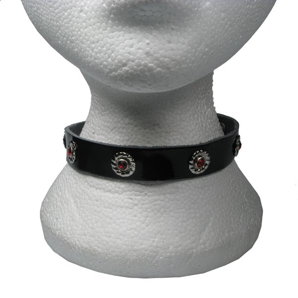 NB183 Red Jewel Fittings 1 RowLeather Leather Choker - Black
