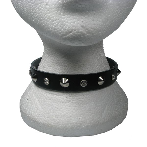 NB185 Conical & Clear Jewel Fitting 1 Row Leather Choker