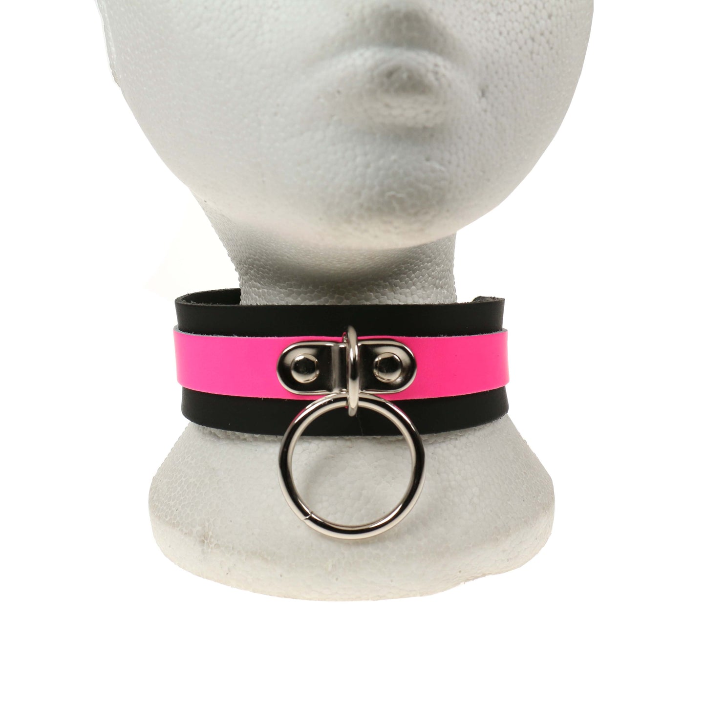 NB214B 2 Row Black with Fl Pink Strip w/Medium ring Leather Choker