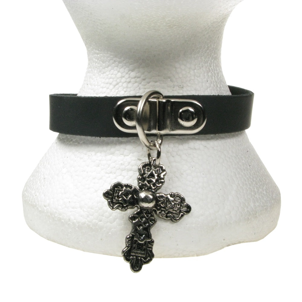 NB223 1 Row Crucifix Fitting Hanging Leather Choker