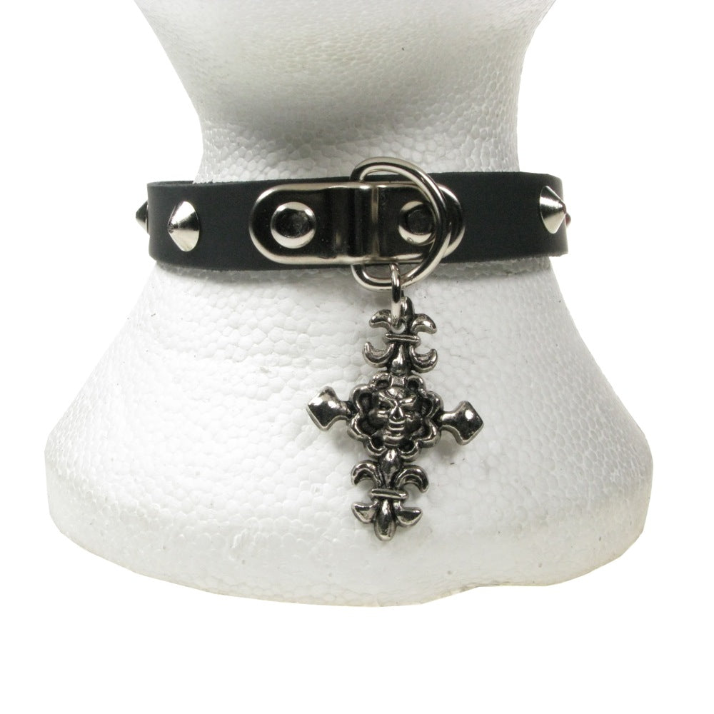 NB228 1 Row GOTHIC CRUCIFIX W/ Conical LEATHER Choker