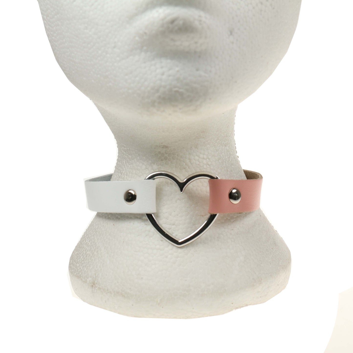 NB245P 1 Row Heart Fitting Leather Choker WHITE AND BABY PINK