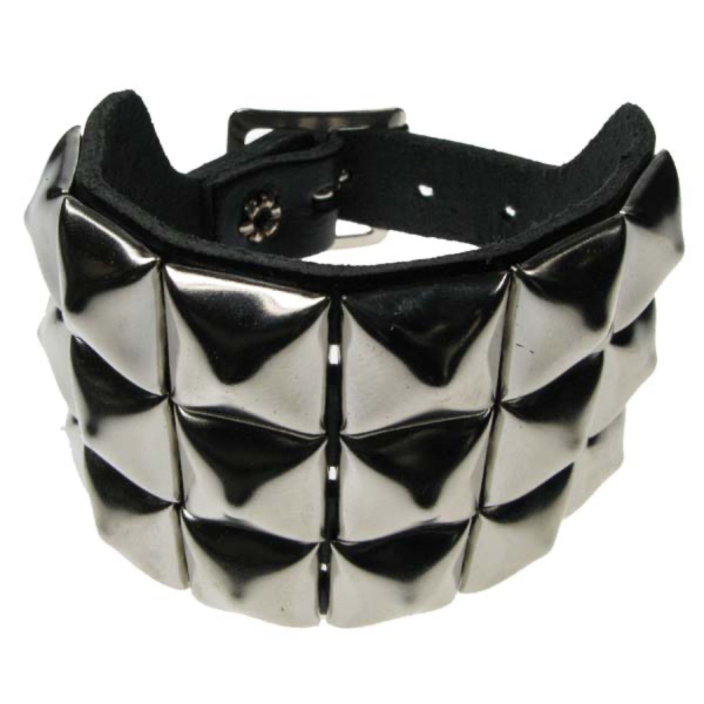 WB010 3 Row Pyramid Leather Wristband - Black
