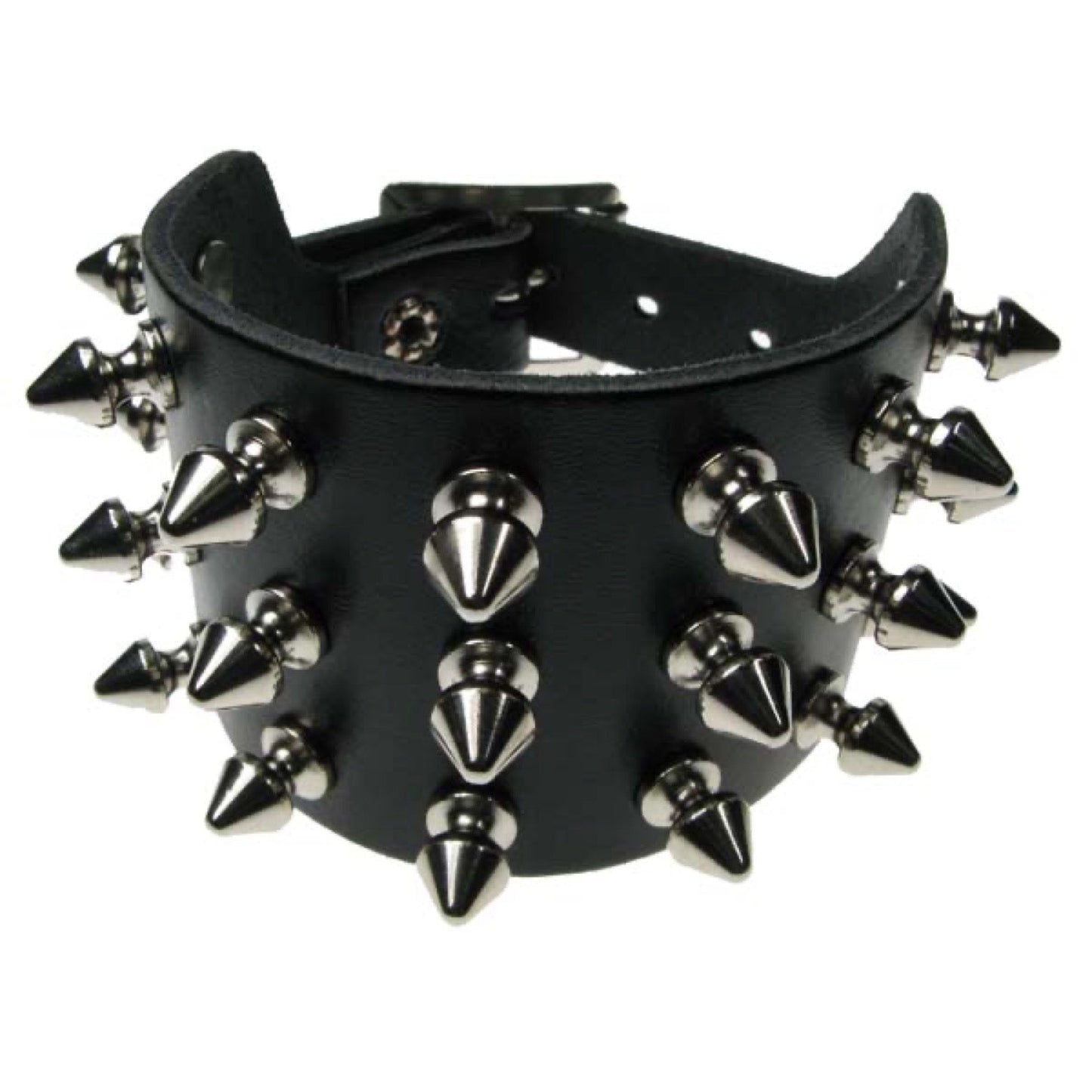 WB017 3 Row Spike Leather Wristband - Black