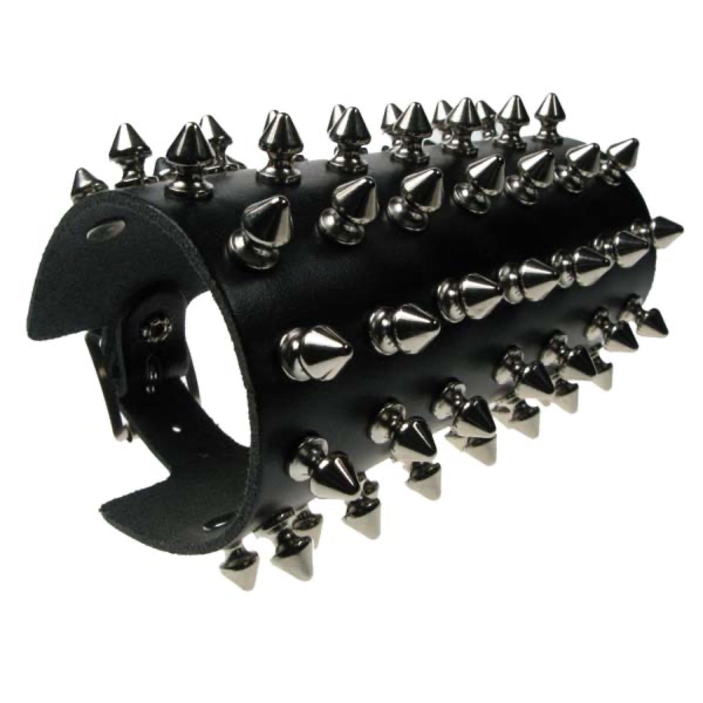 WB020 7 Row Spike Leather Wristband - Black