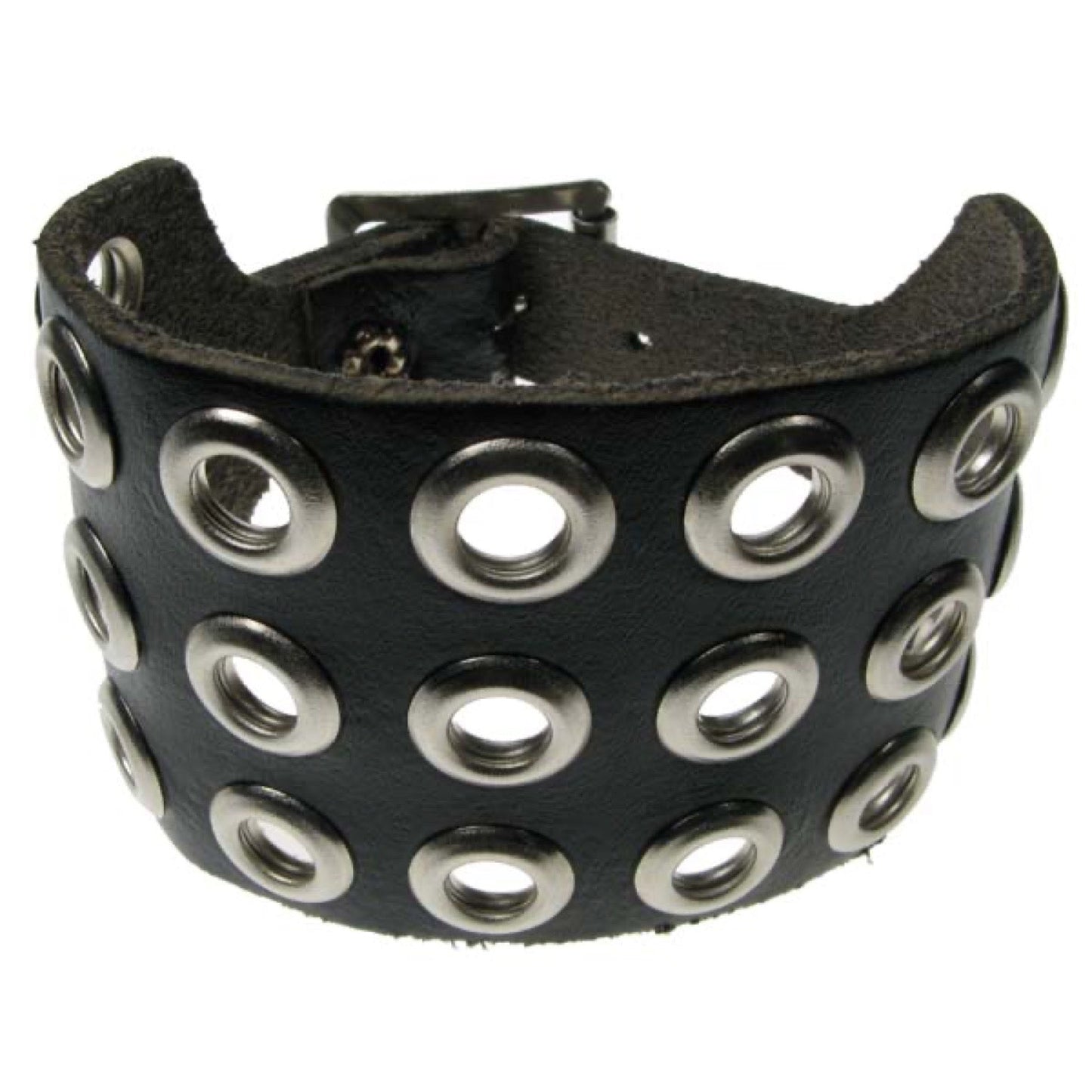 WB027 3 Row Eyelet Leather Wristband - Black