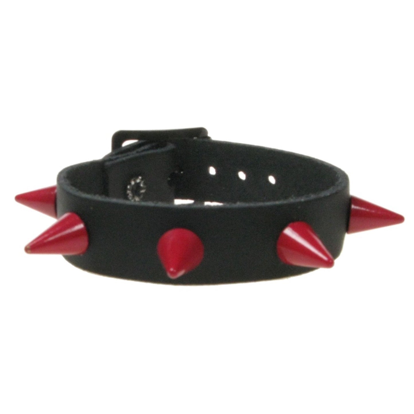WB064e 1 Row Red Small Cone Leather Wristband - Black