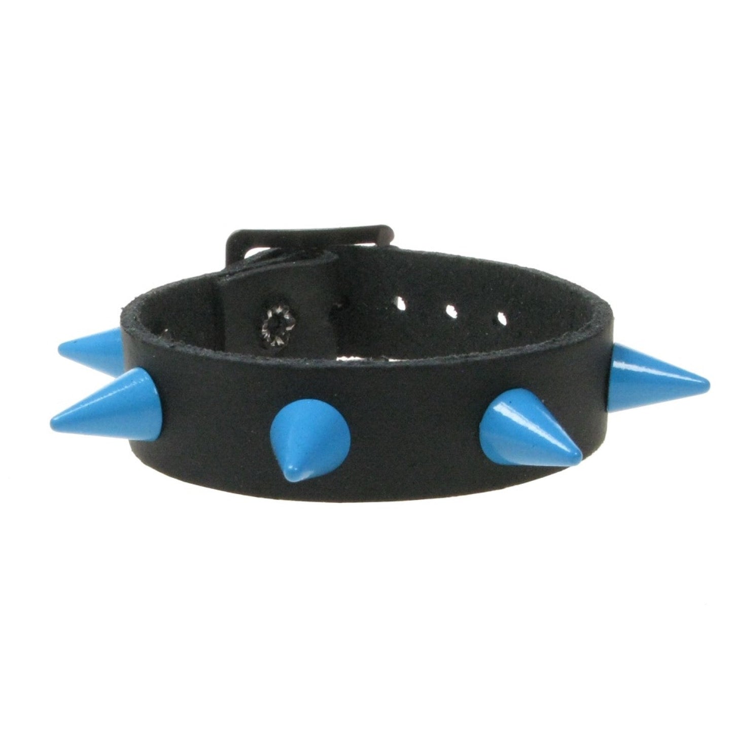 WB064e 1 Row Blue Small Cone Leather Wristband - Black