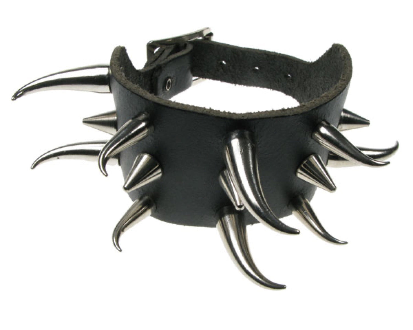 WB071 3 Row Small Cone Spike with Small and Medium Tusk Leather Wristband - Black
