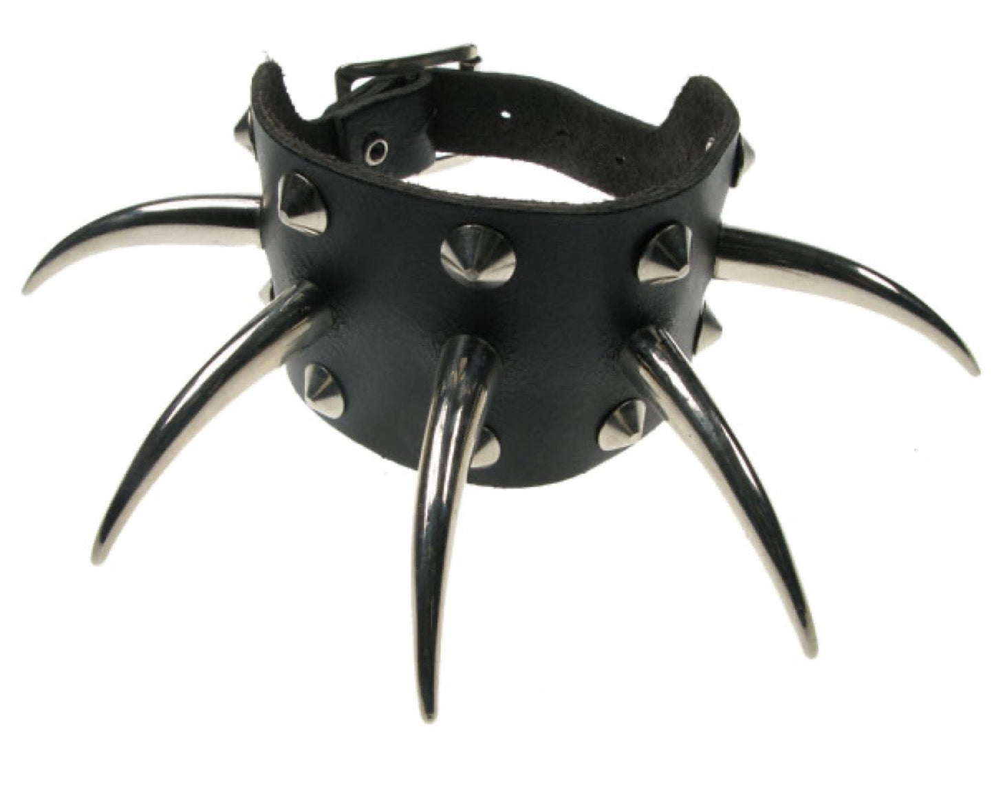 WB075 3 Row width 2 Row Conical and 1 Row Large Tusk Leather Wristband - Black